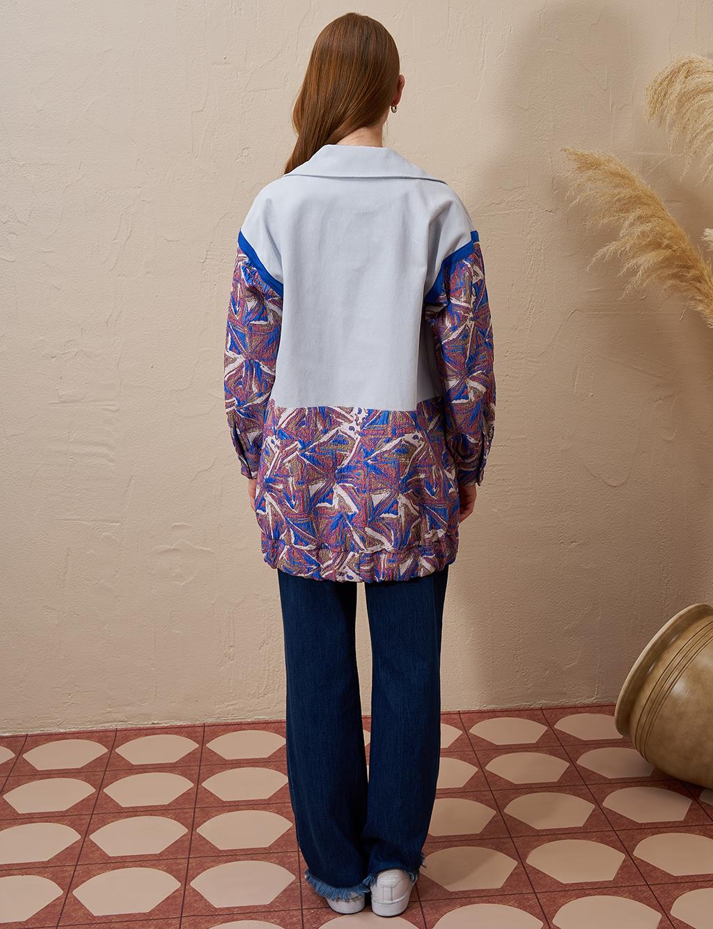  Jacquard Trimmed Denim Jacket Blue