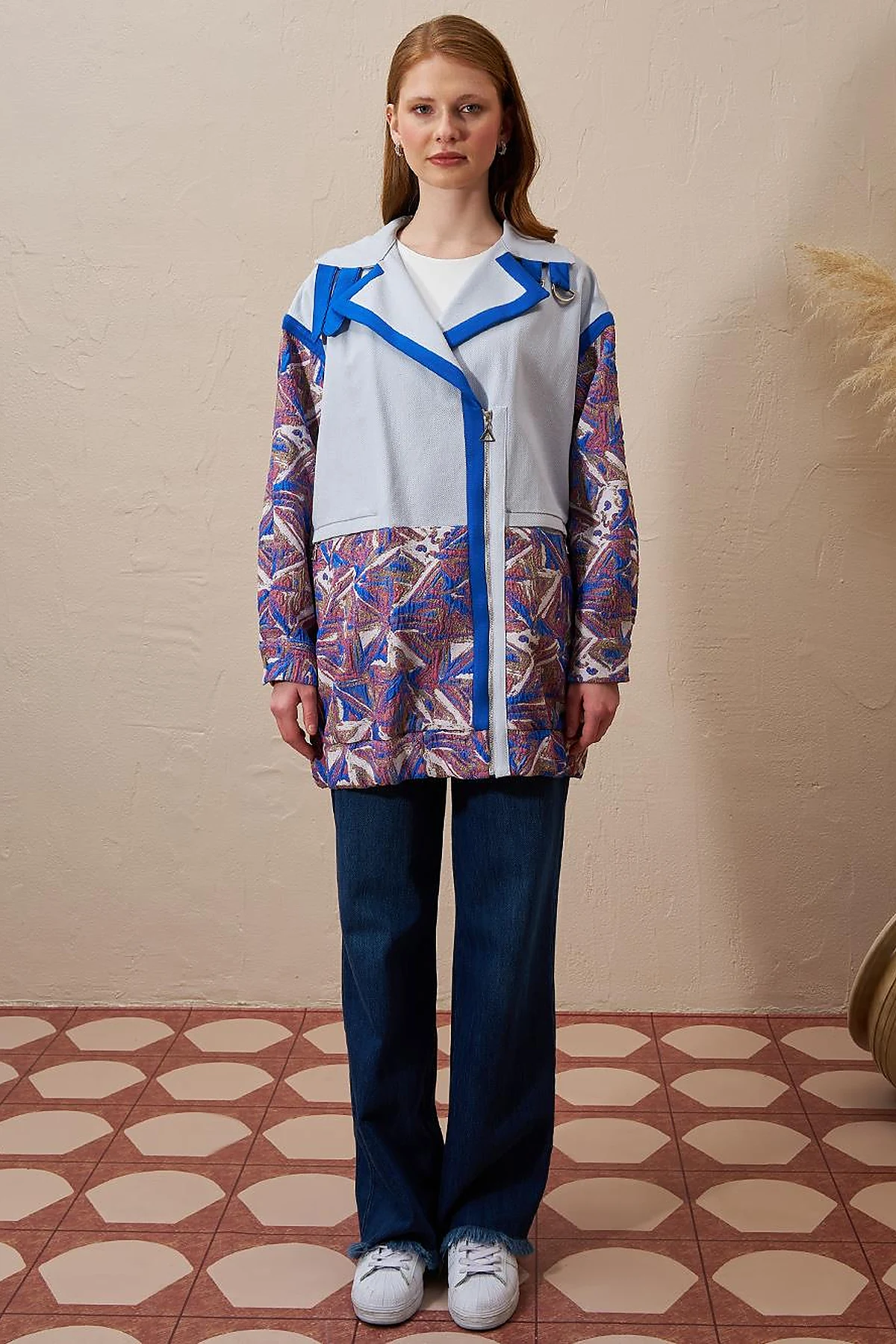  Jacquard Trimmed Denim Jacket Blue