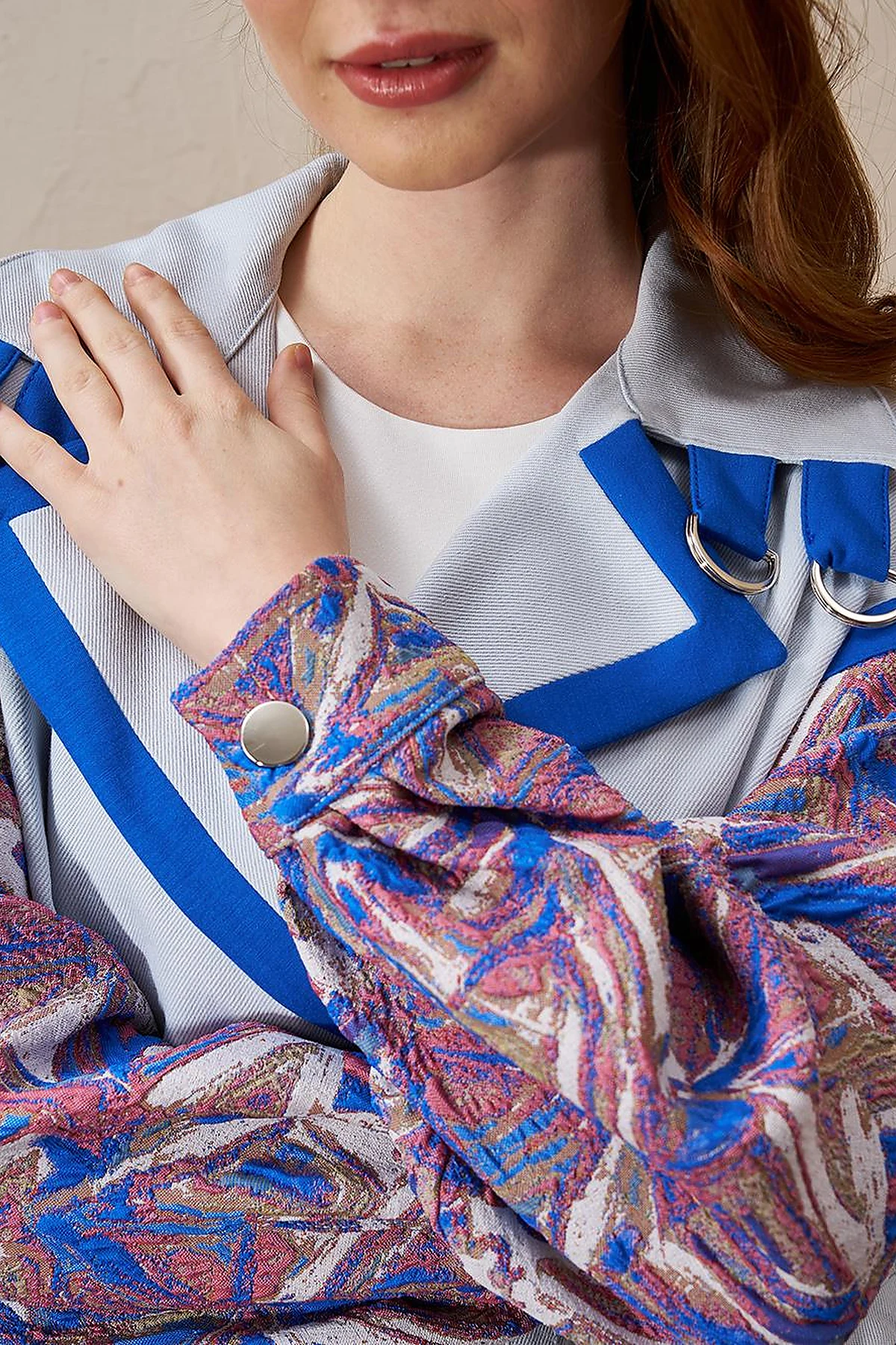  Jacquard Trimmed Denim Jacket Blue
