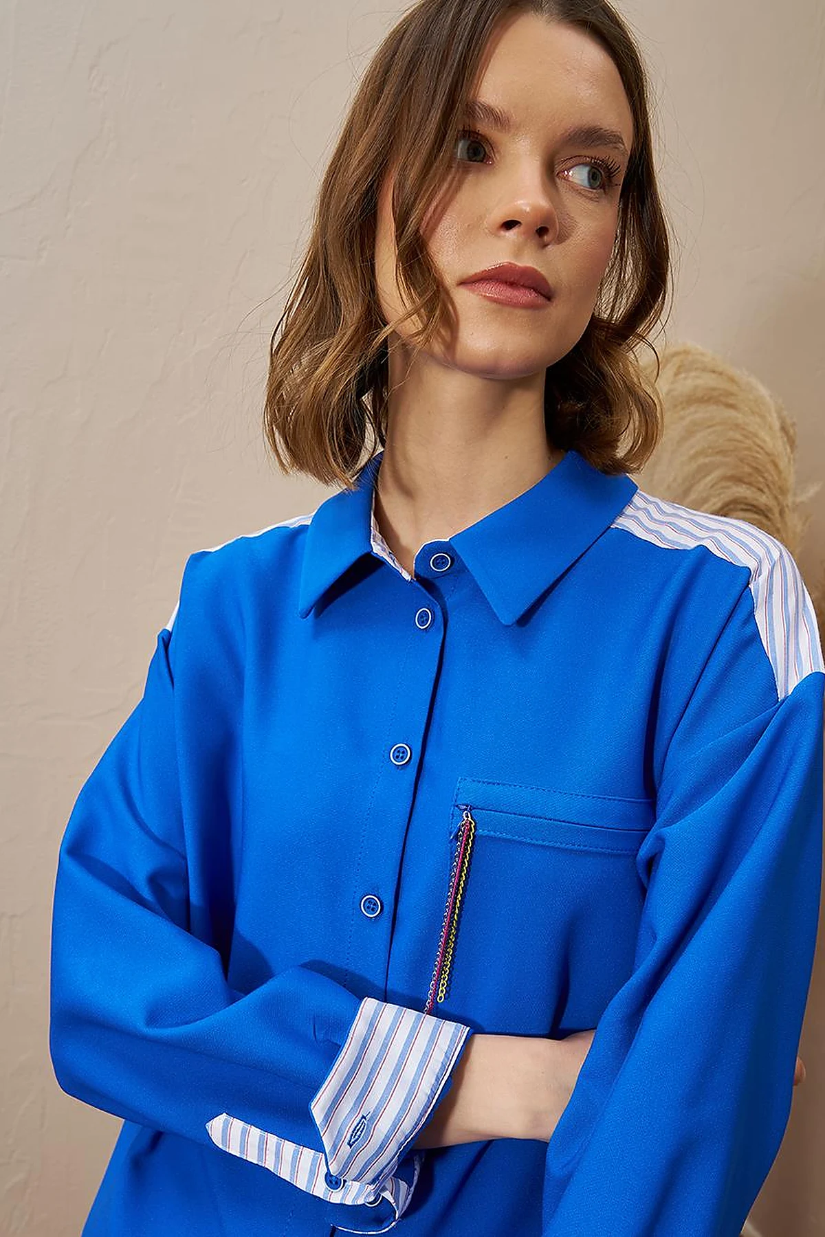 Chain Detailed Garnished Tunic Cobalt Blue