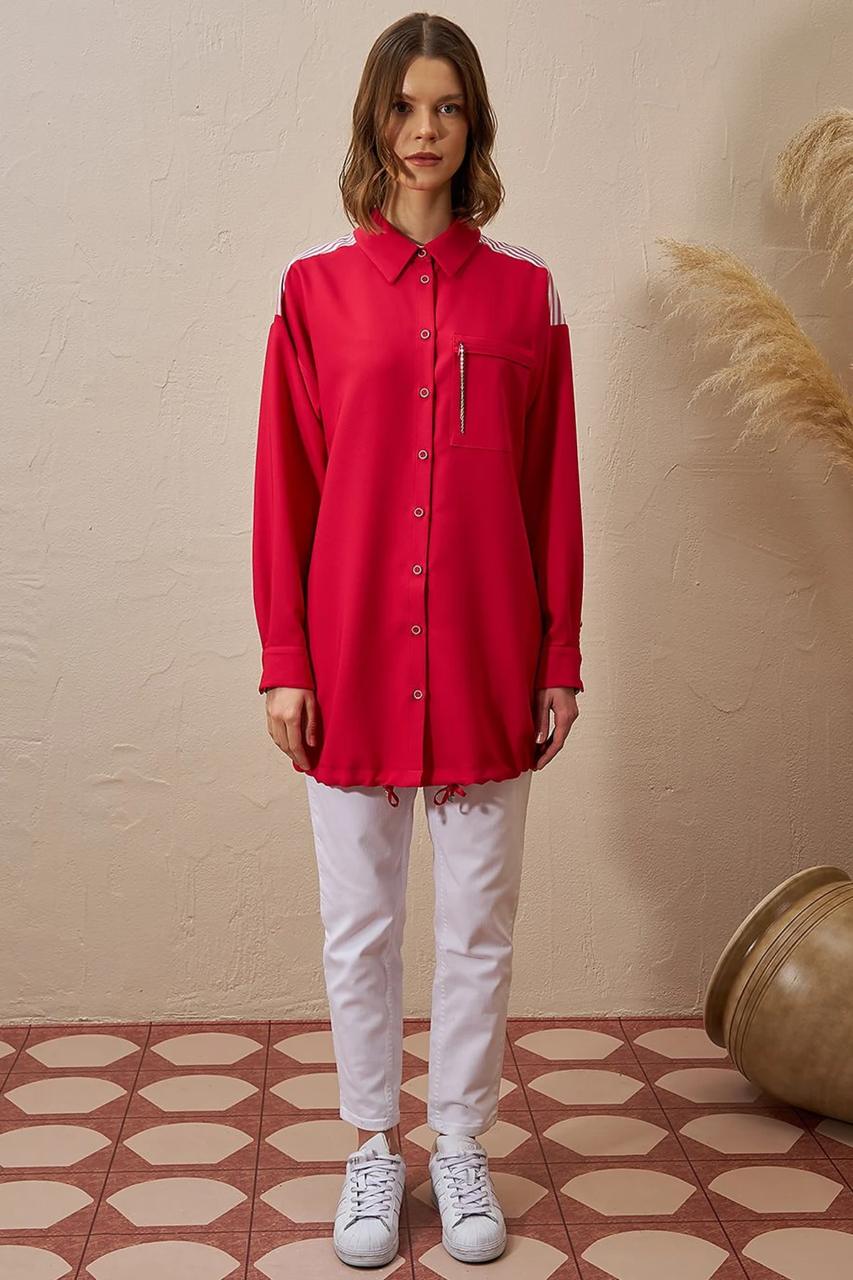 Chain Detailed Garnished Tunic Cherry