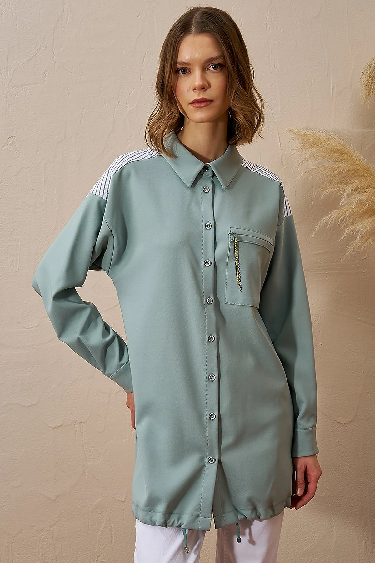 Chain Detailed Garnished Tunic Ice Green