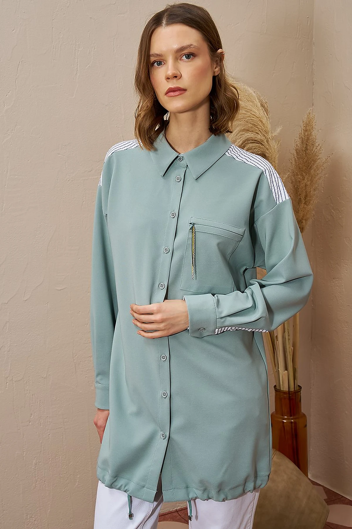 Chain Detailed Garnished Tunic Ice Green
