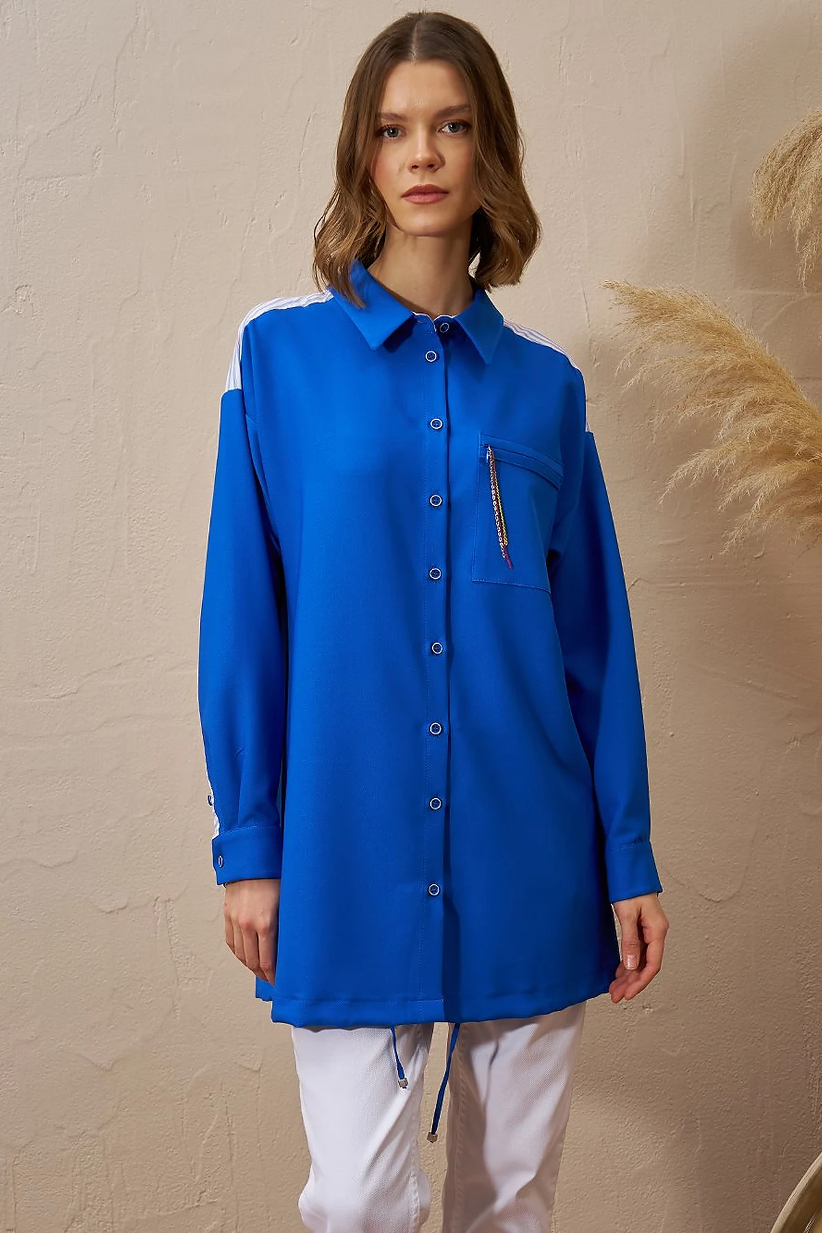 Chain Detailed Garnished Tunic Cobalt Blue