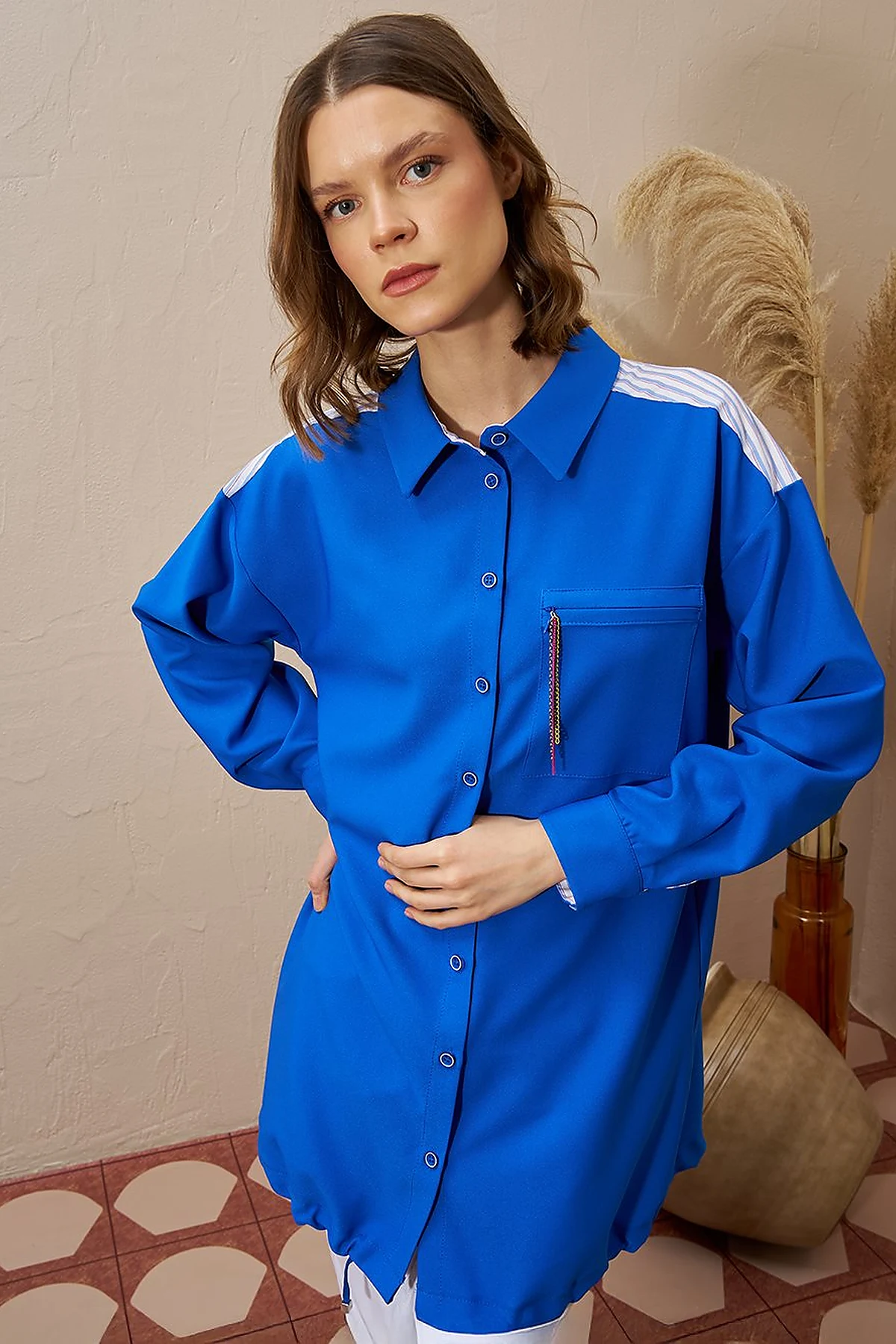 Chain Detailed Garnished Tunic Cobalt Blue