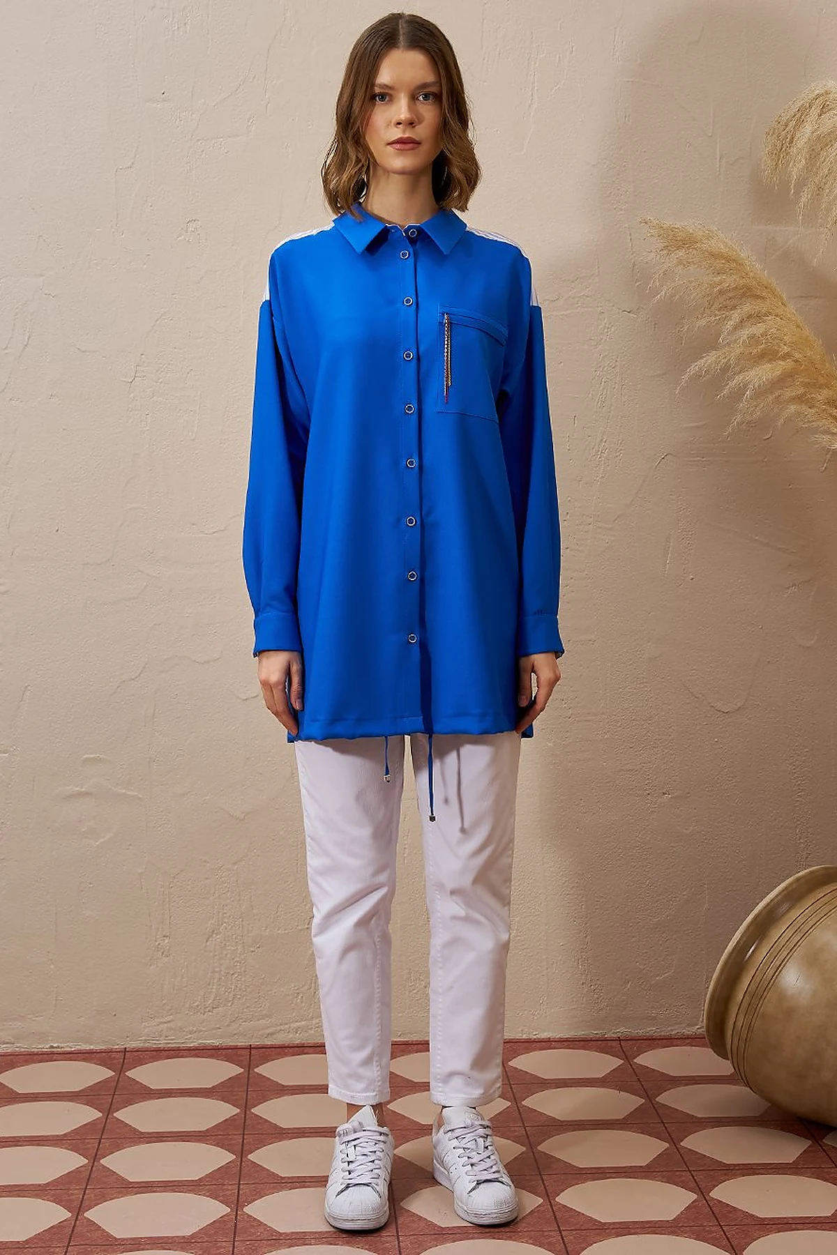 Chain Detailed Garnished Tunic Cobalt Blue