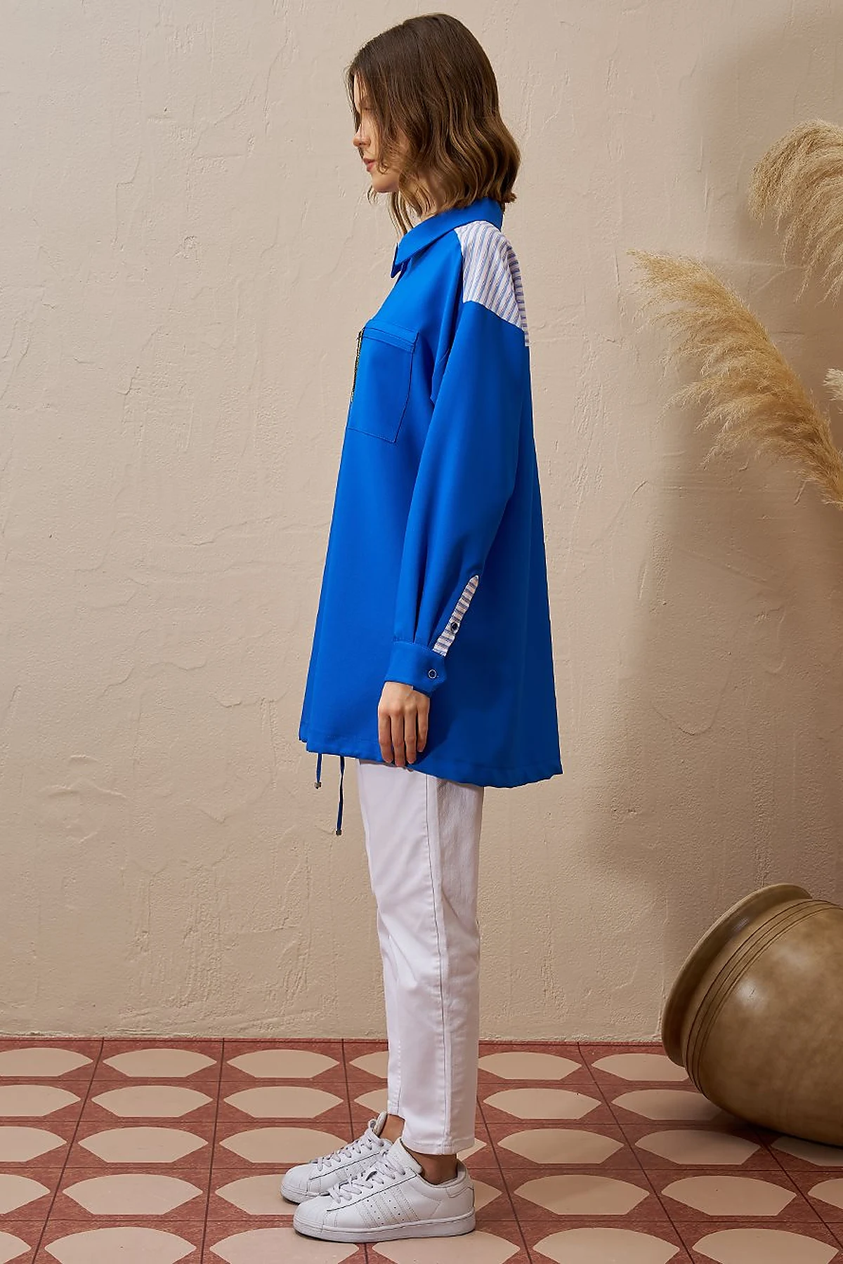 Chain Detailed Garnished Tunic Cobalt Blue