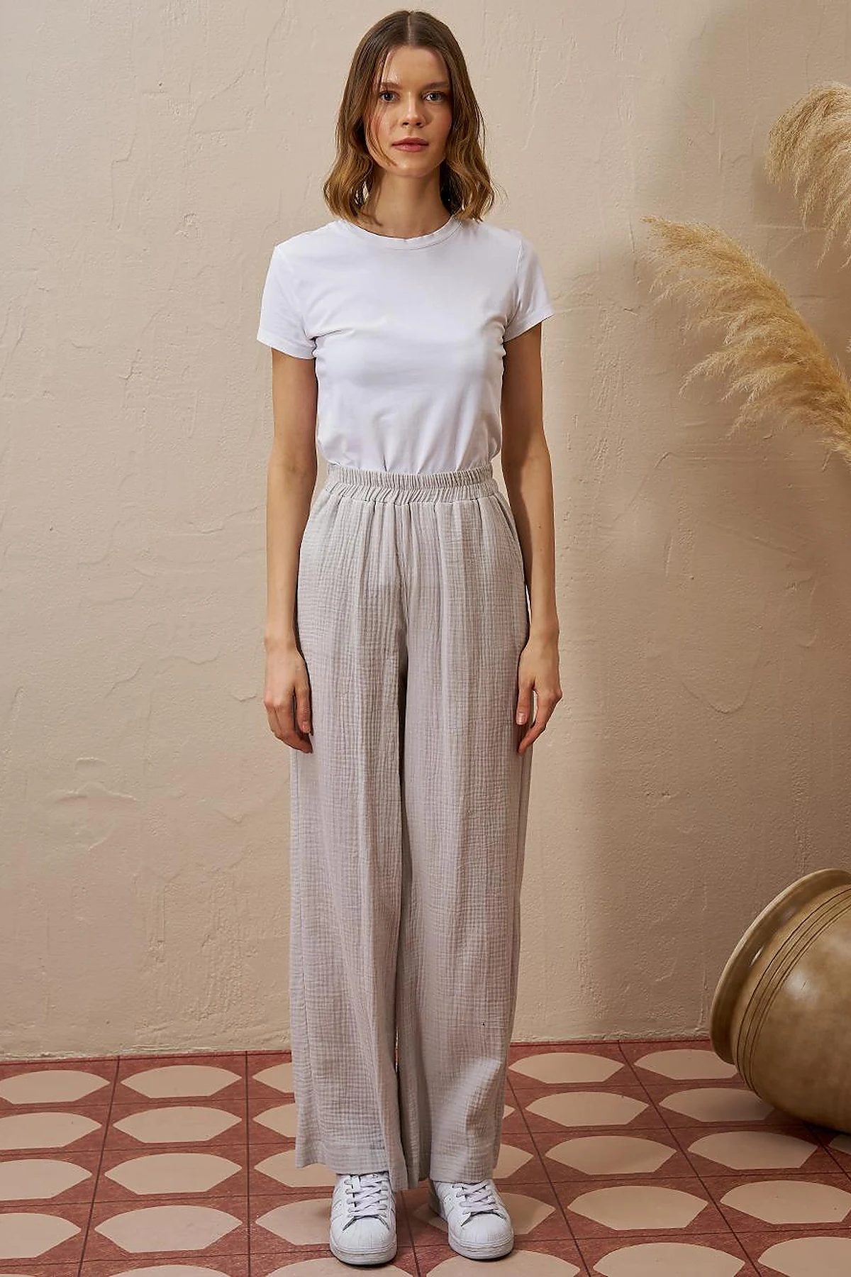 Elastic Waist Muslin Trousers Light Gray