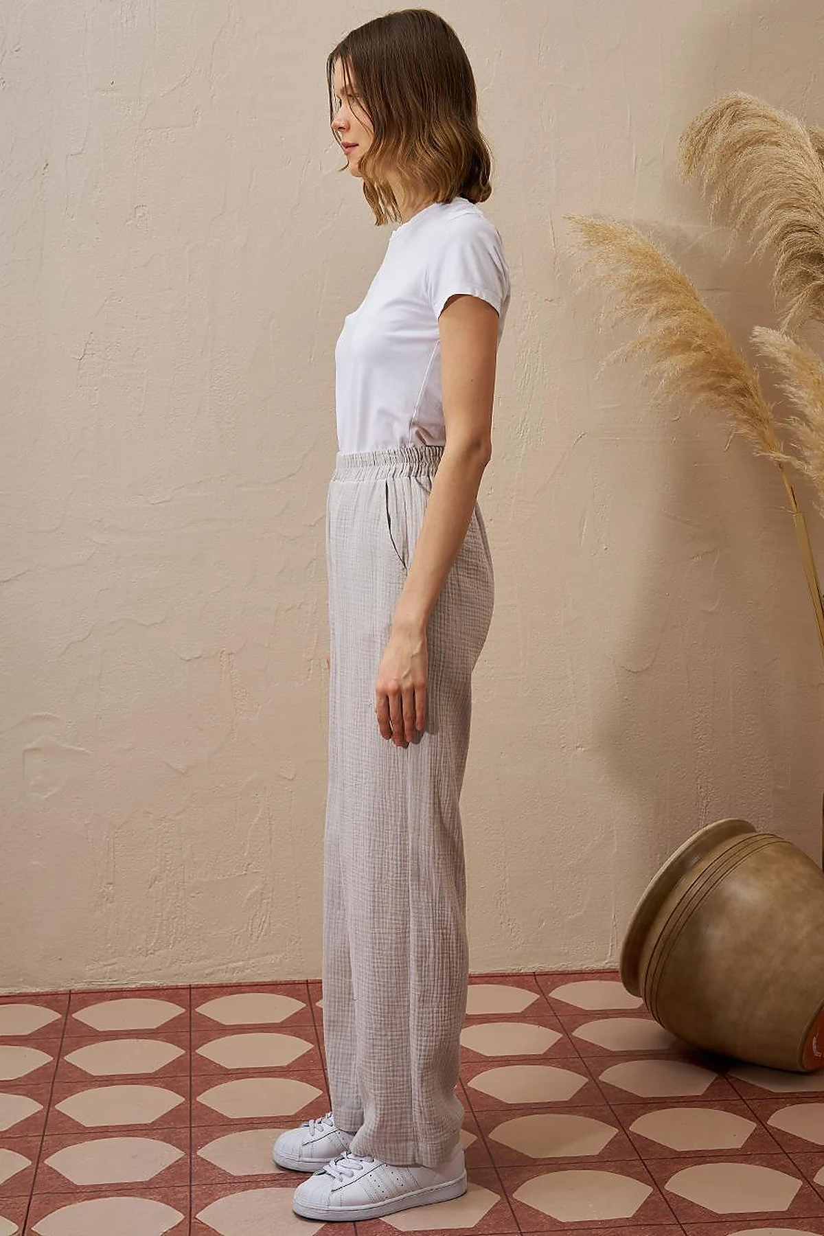 Elastic Waist Muslin Trousers Light Gray