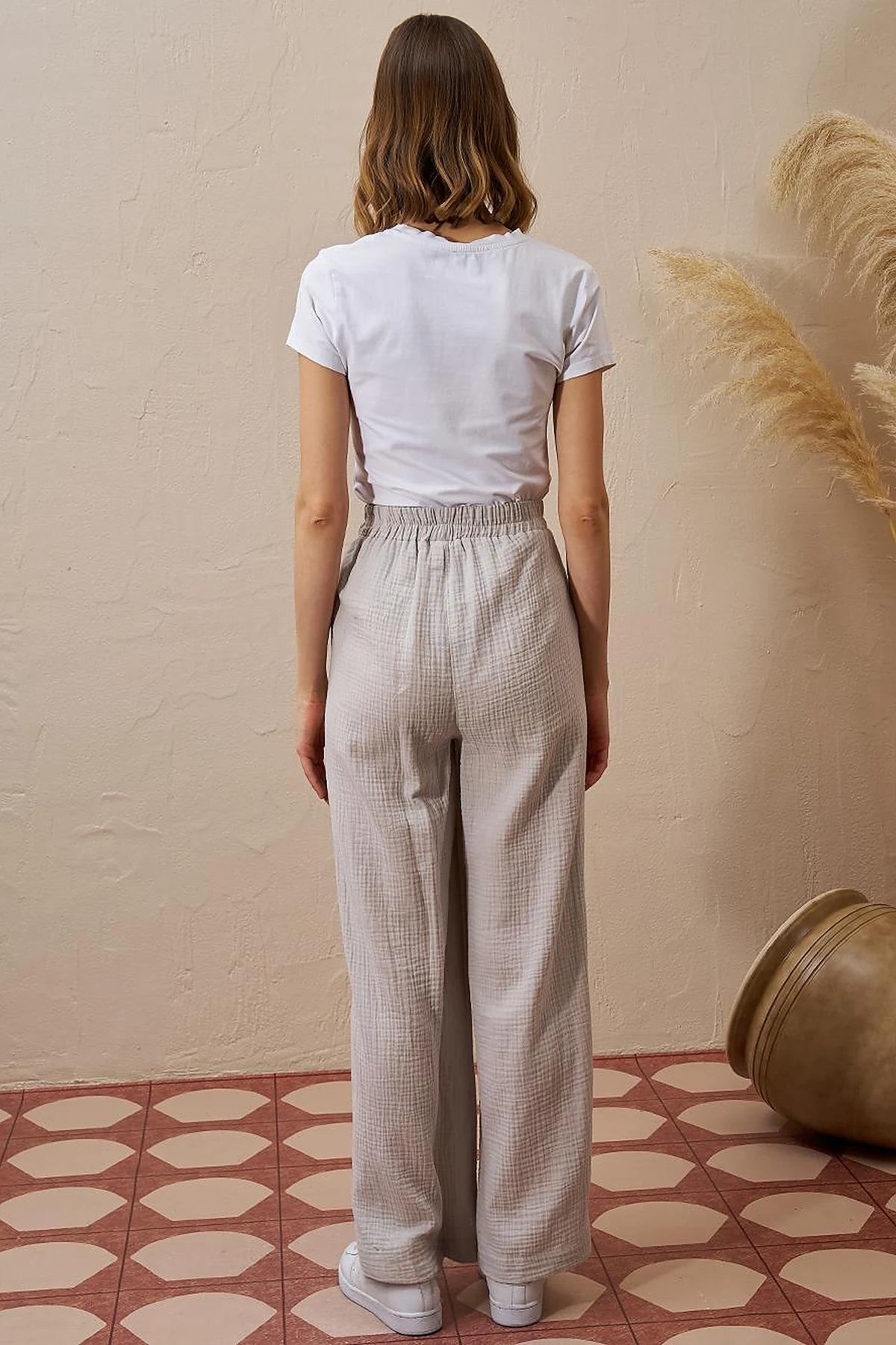 Elastic Waist Muslin Trousers Light Gray