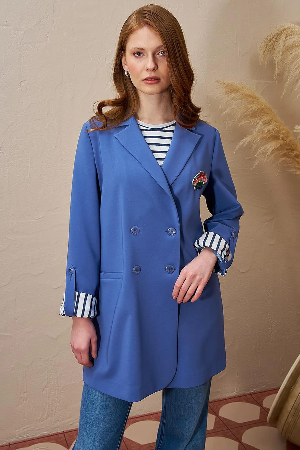 Brooched Blazer Jacket Indigo
