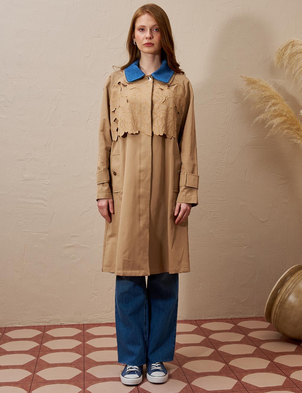 Denim Garnili Aplikeli Trençkot Bej