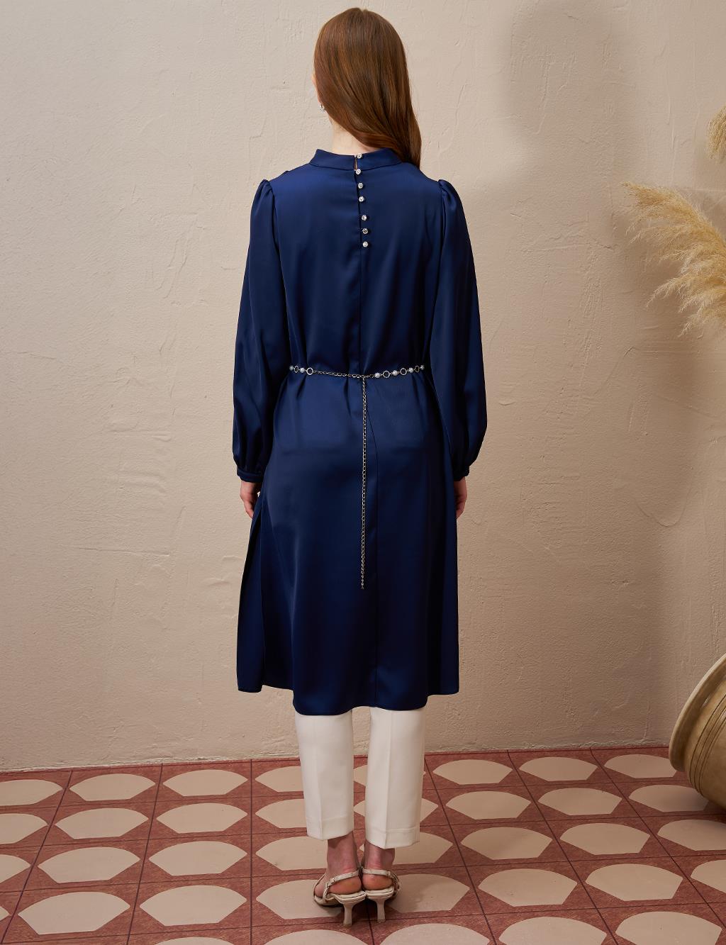 Satin Tunic with Chain Belt Detail Dark Navy Blue
