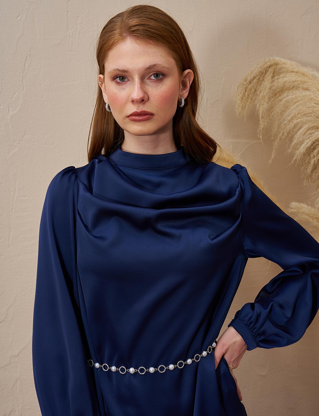 Satin Tunic with Chain Belt Detail Dark Navy Blue
