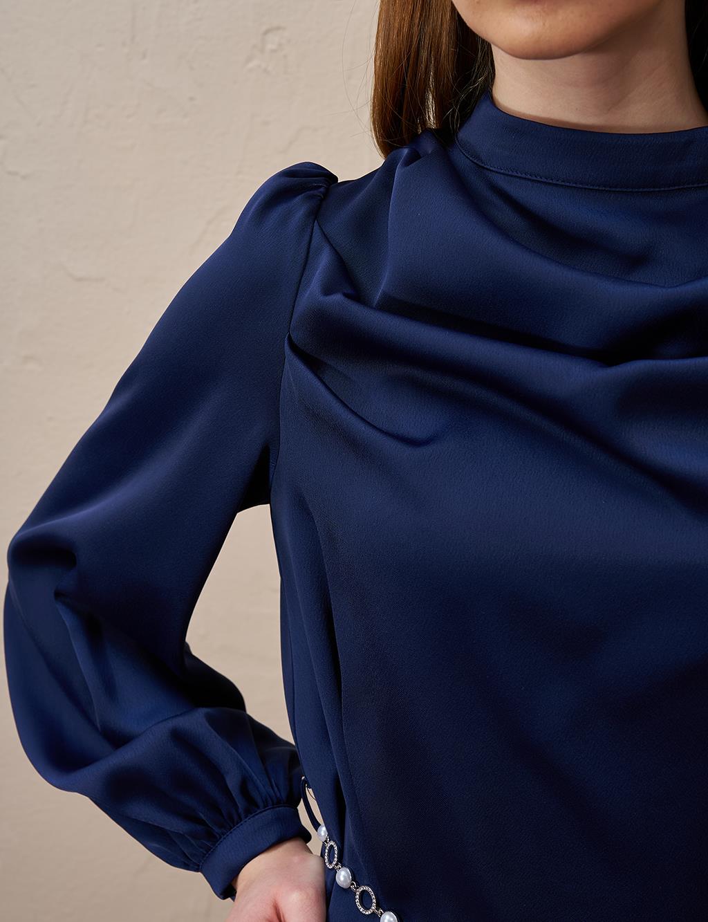 Satin Tunic with Chain Belt Detail Dark Navy Blue