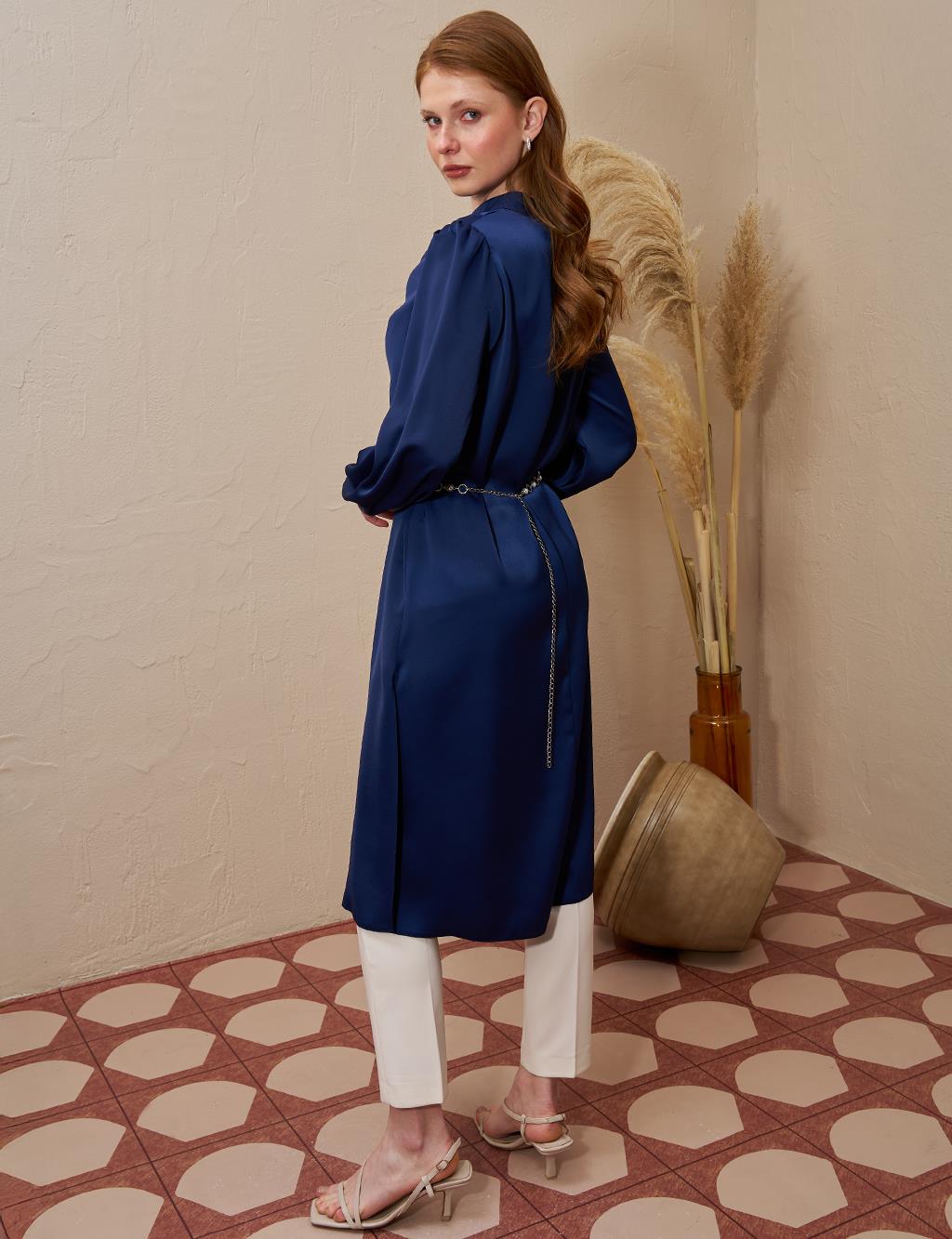 Satin Tunic with Chain Belt Detail Dark Navy Blue