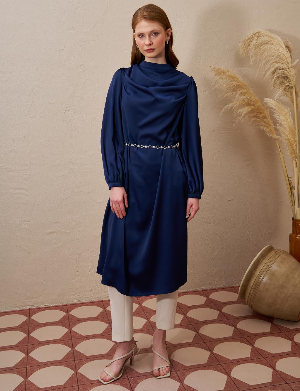 Satin Tunic with Chain Belt Detail Dark Navy Blue