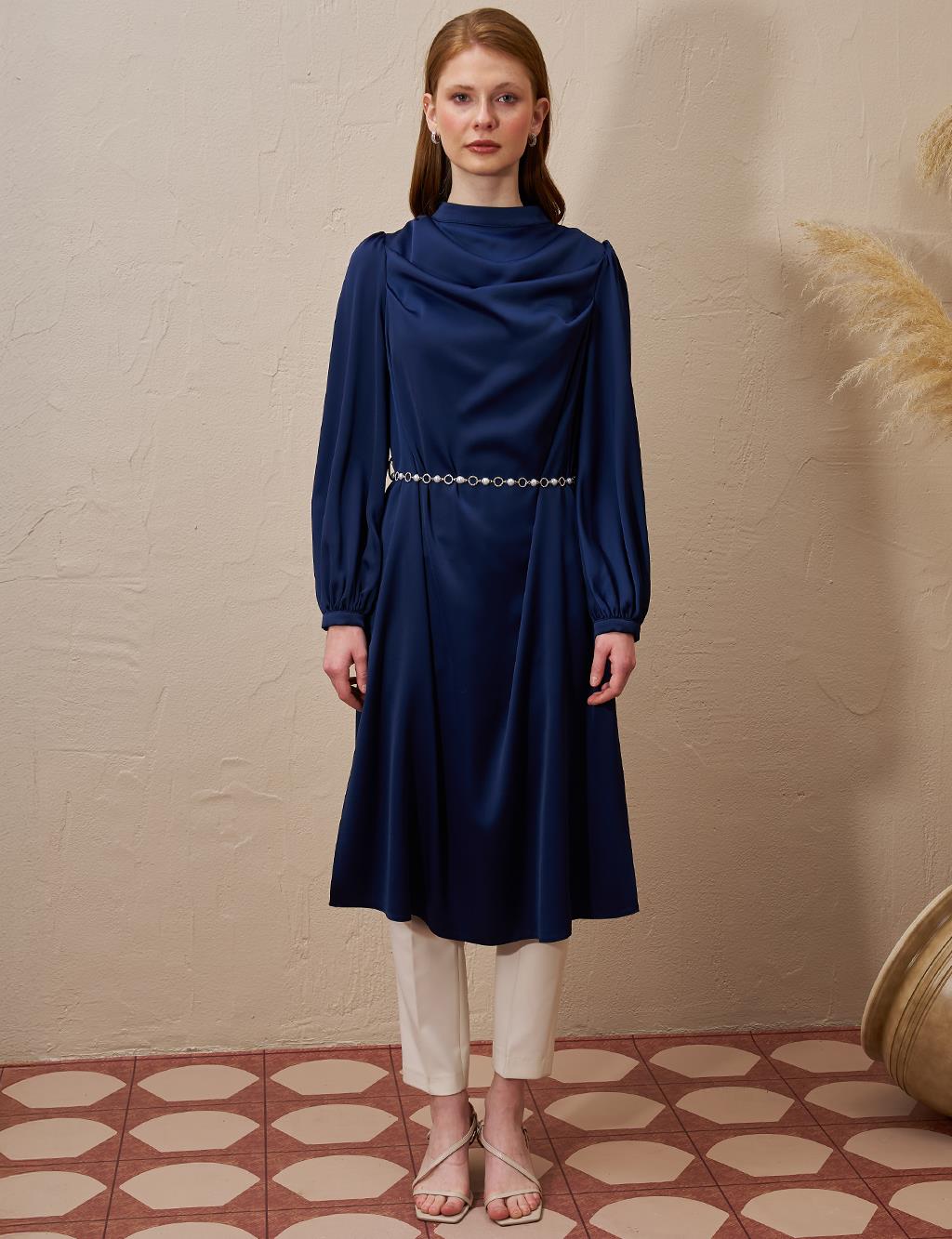 Satin Tunic with Chain Belt Detail Dark Navy Blue