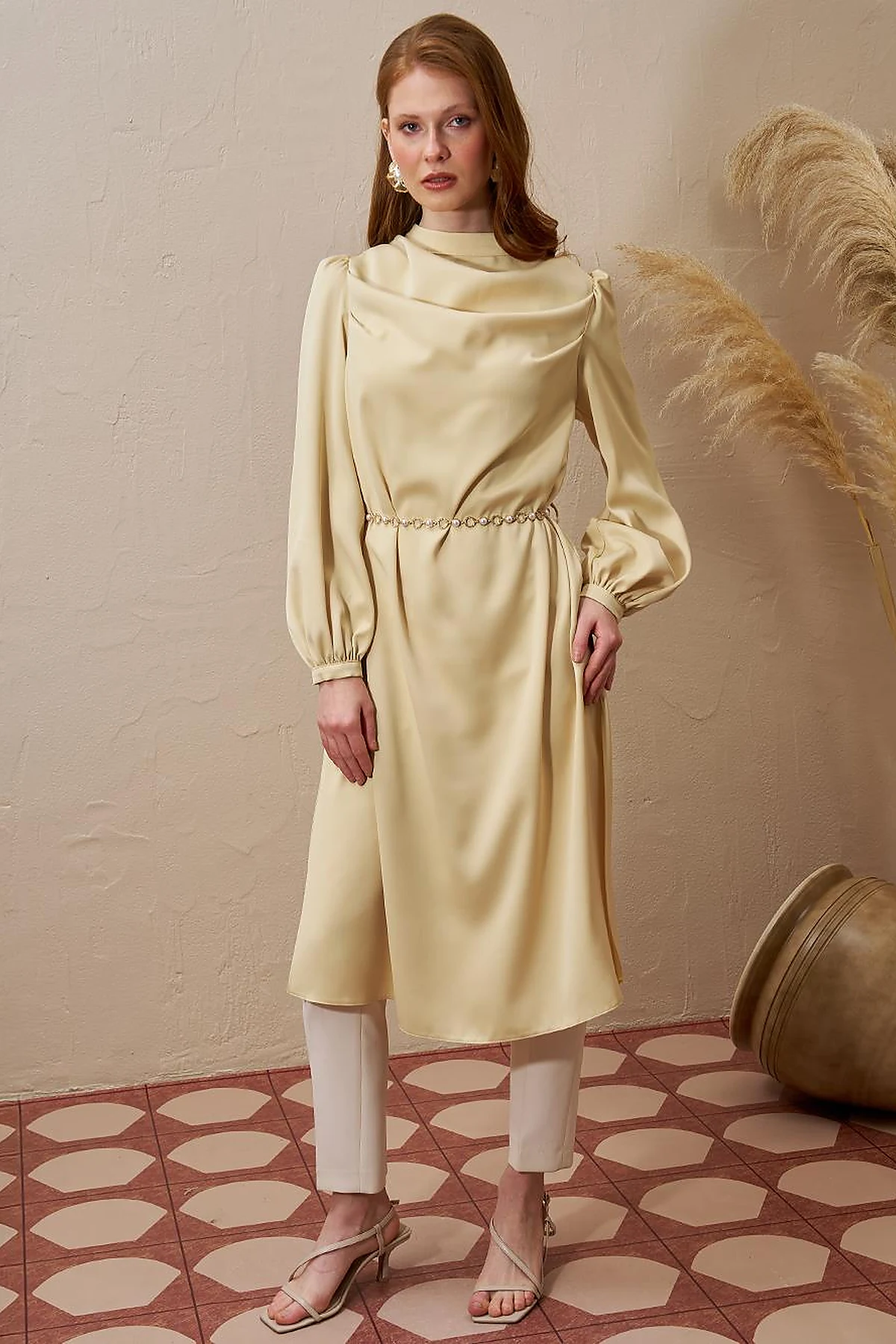 Satin Tunic with Chain Belt Detail Light Yellow