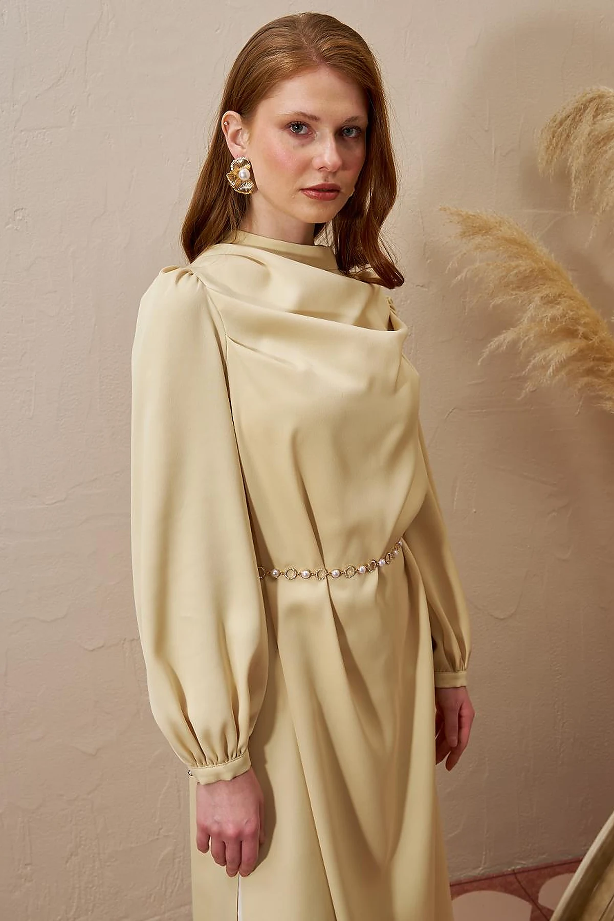 Satin Tunic with Chain Belt Detail Light Yellow