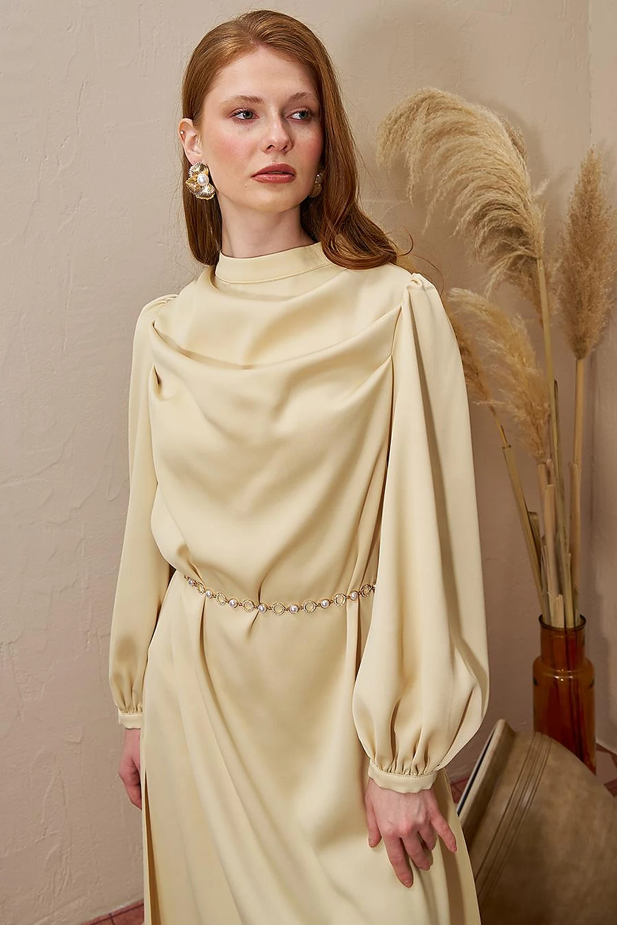 Satin Tunic with Chain Belt Detail Light Yellow