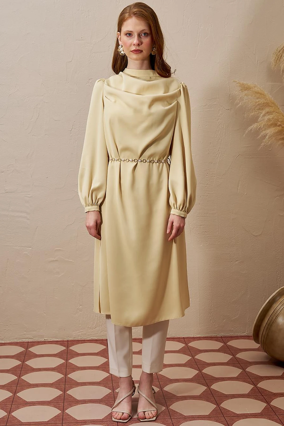 Satin Tunic with Chain Belt Detail Light Yellow