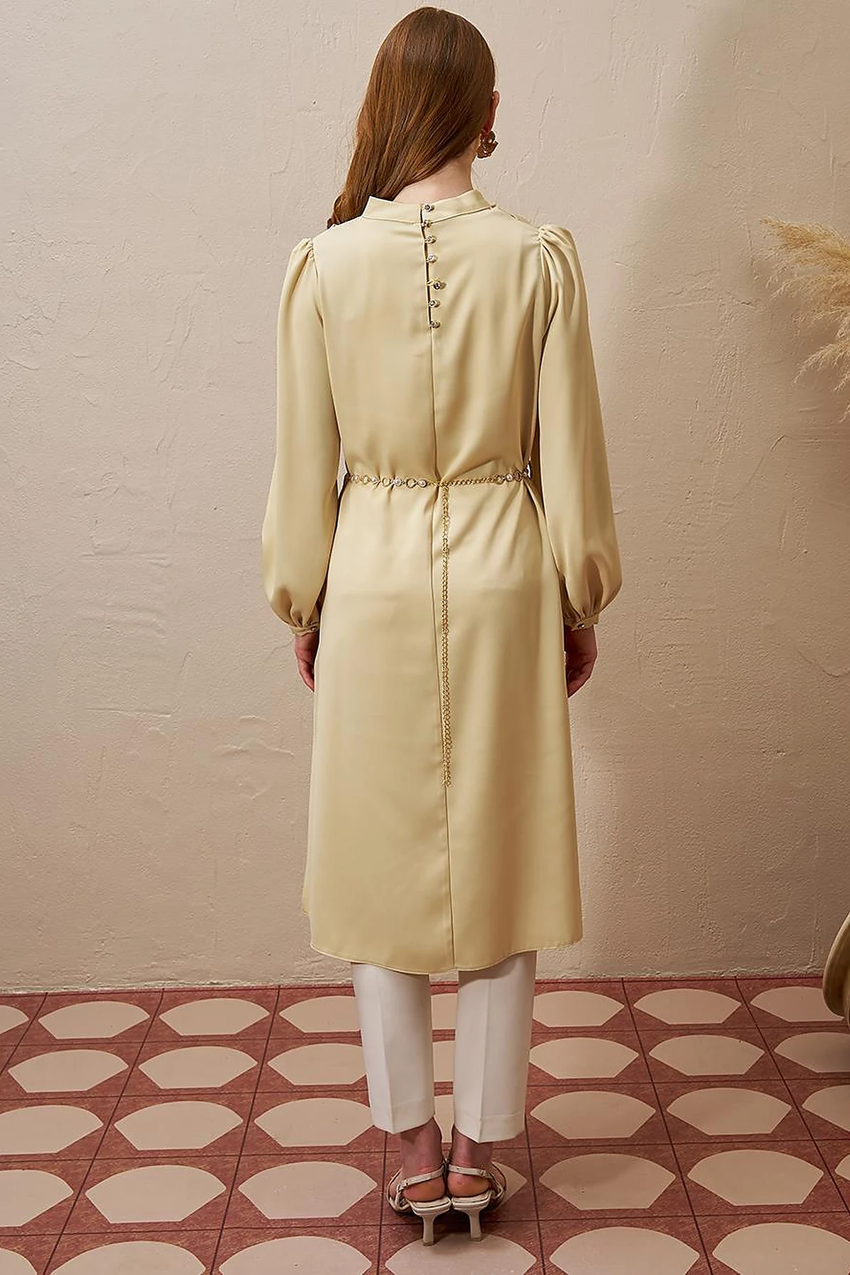 Satin Tunic with Chain Belt Detail Light Yellow