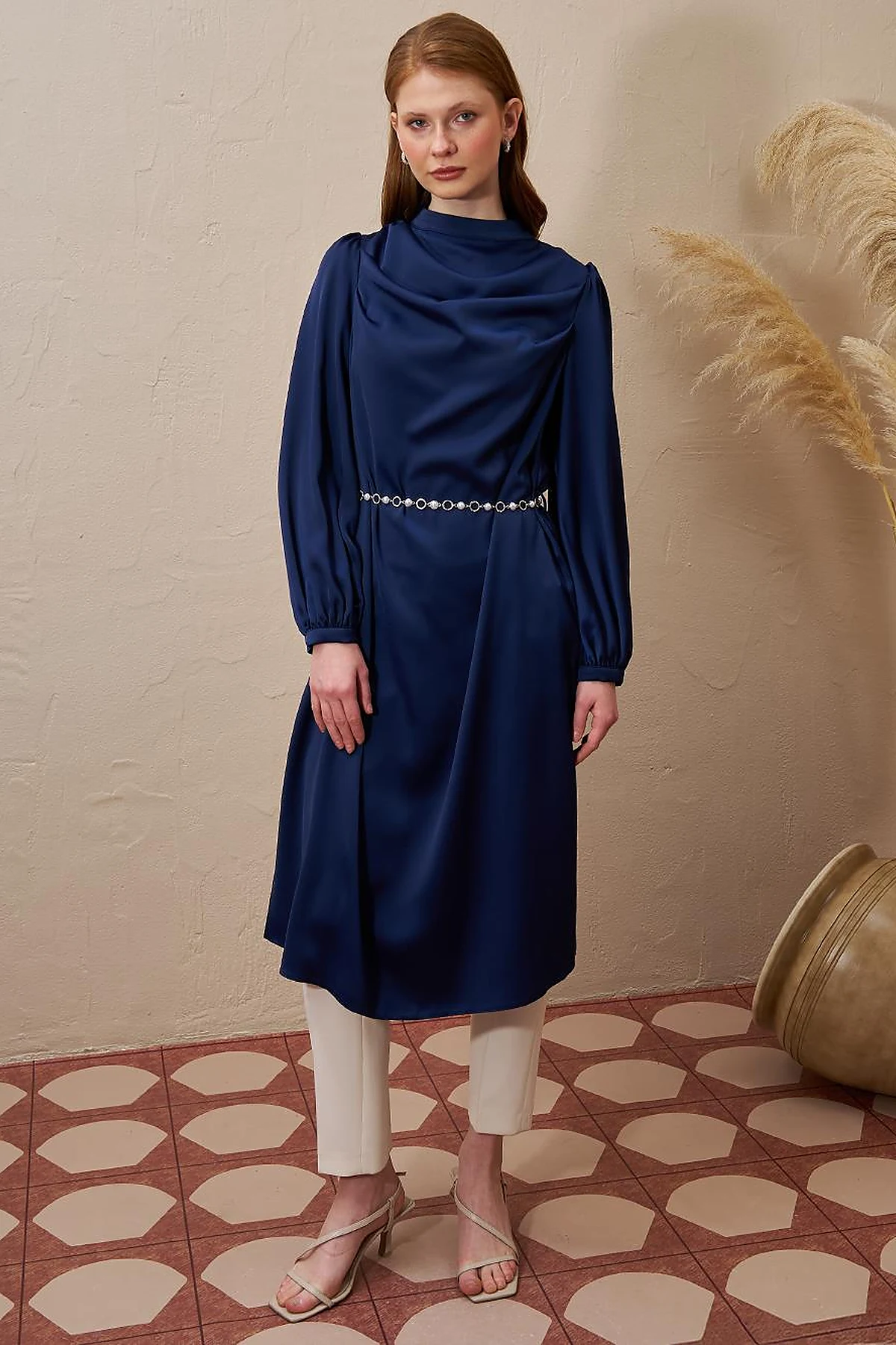 Satin Tunic with Chain Belt Detail Dark Navy Blue