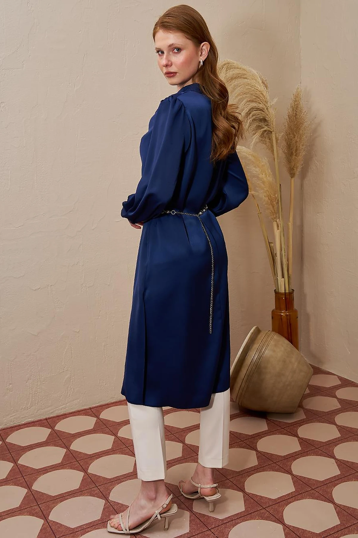 Satin Tunic with Chain Belt Detail Dark Navy Blue
