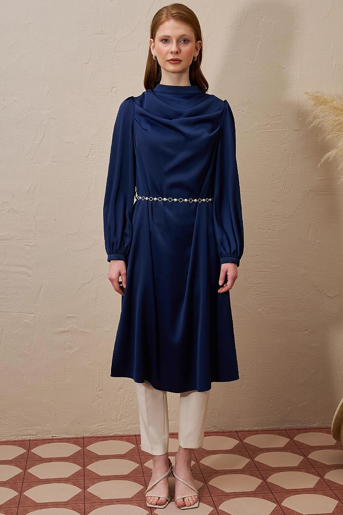 Satin Tunic with Chain Belt Detail Dark Navy Blue