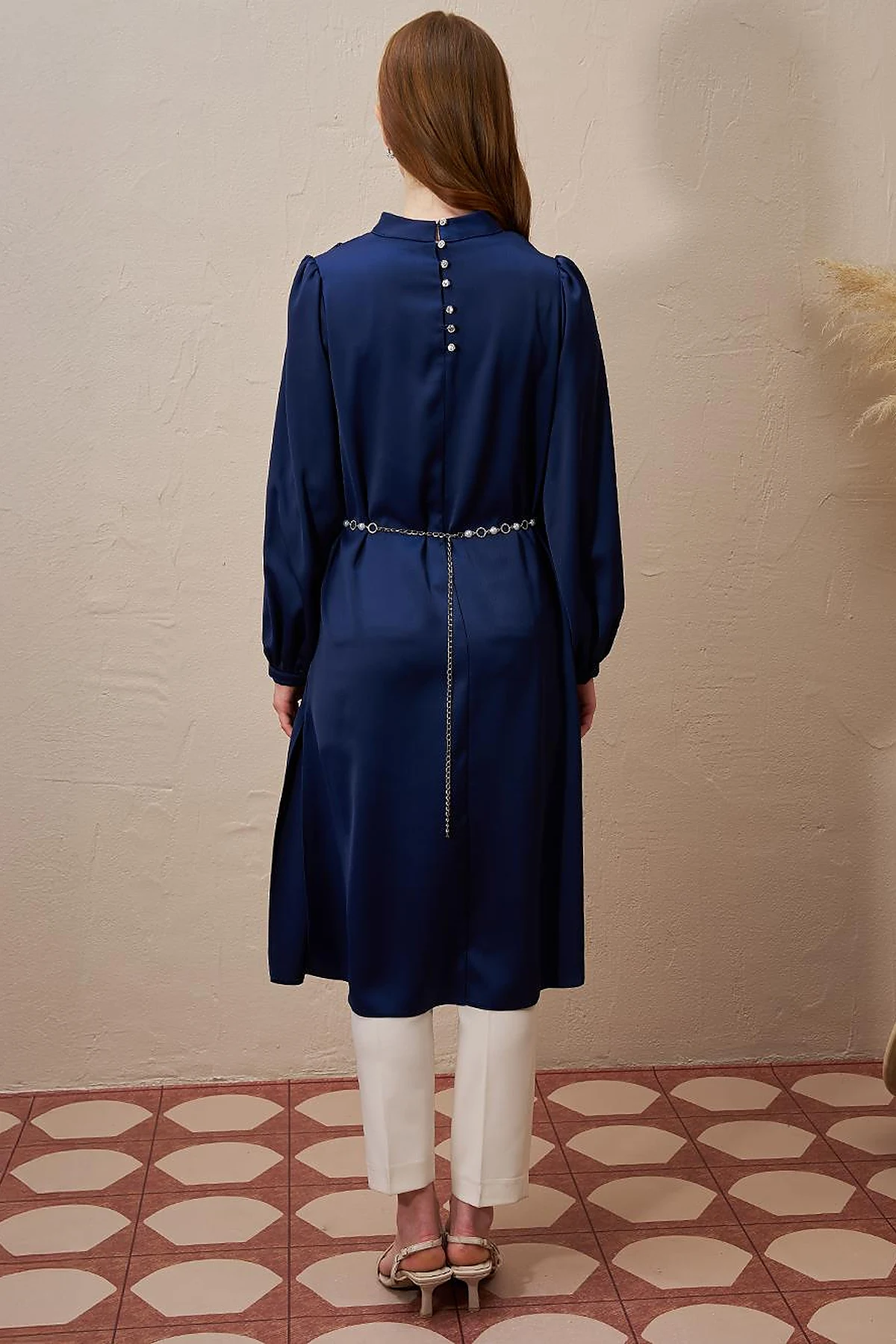 Satin Tunic with Chain Belt Detail Dark Navy Blue