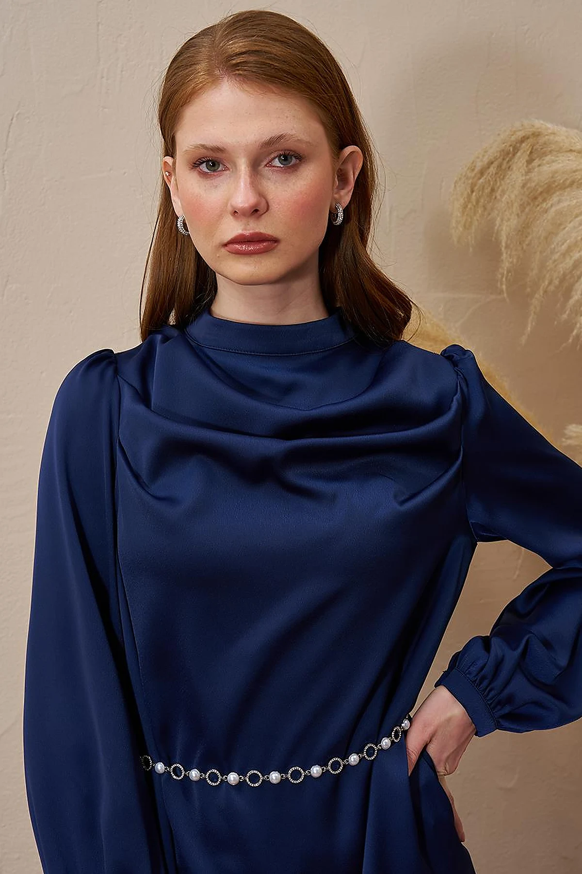 Satin Tunic with Chain Belt Detail Dark Navy Blue