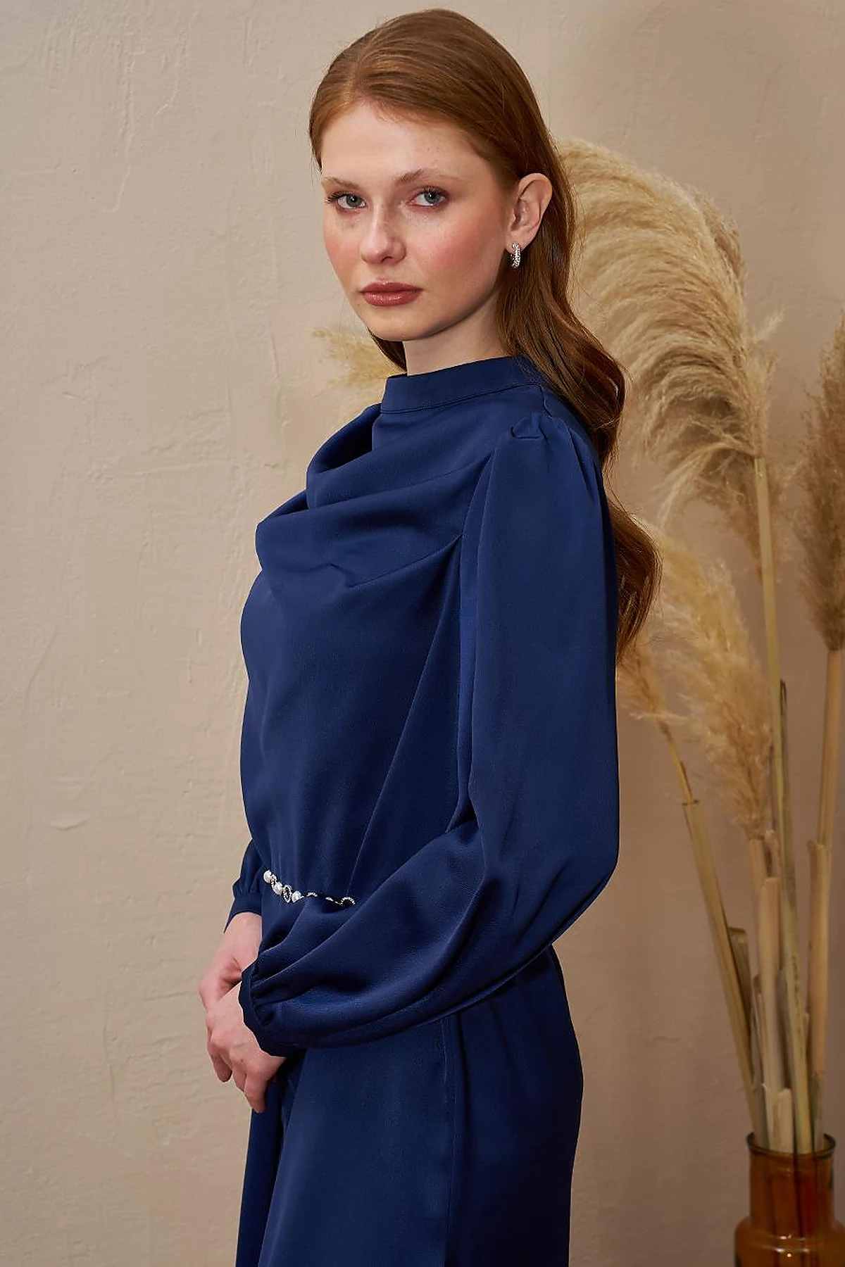 Satin Tunic with Chain Belt Detail Dark Navy Blue