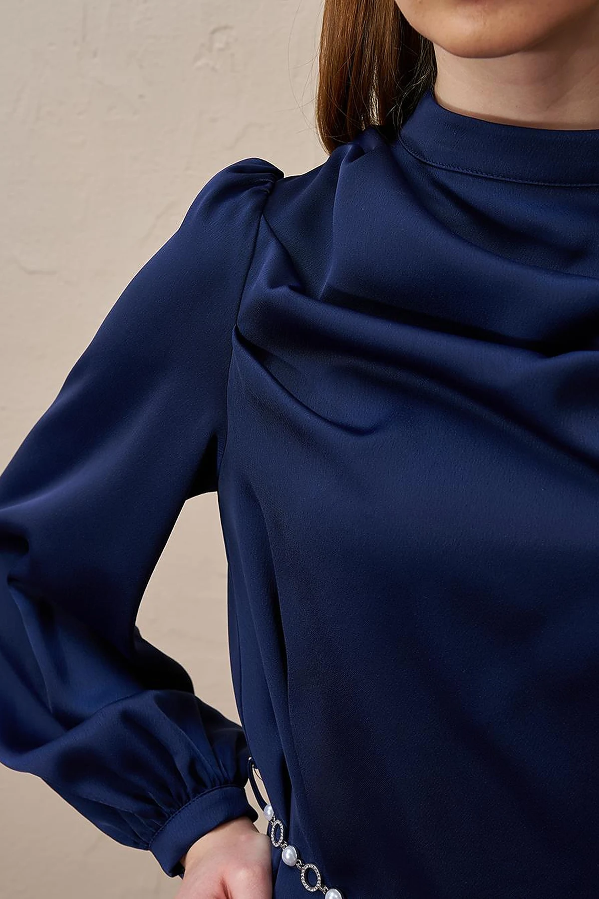 Satin Tunic with Chain Belt Detail Dark Navy Blue