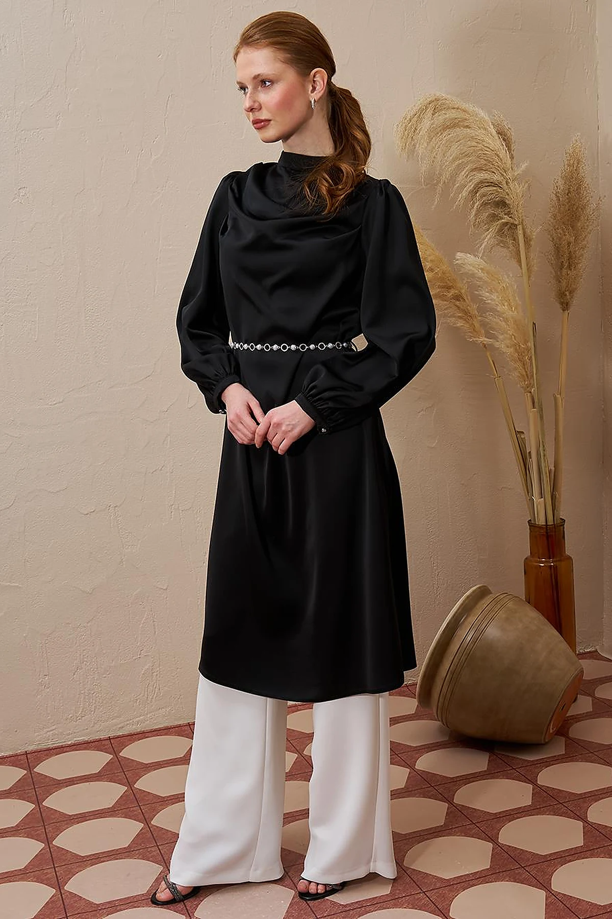 Satin Tunic with Chain Belt Detail Black