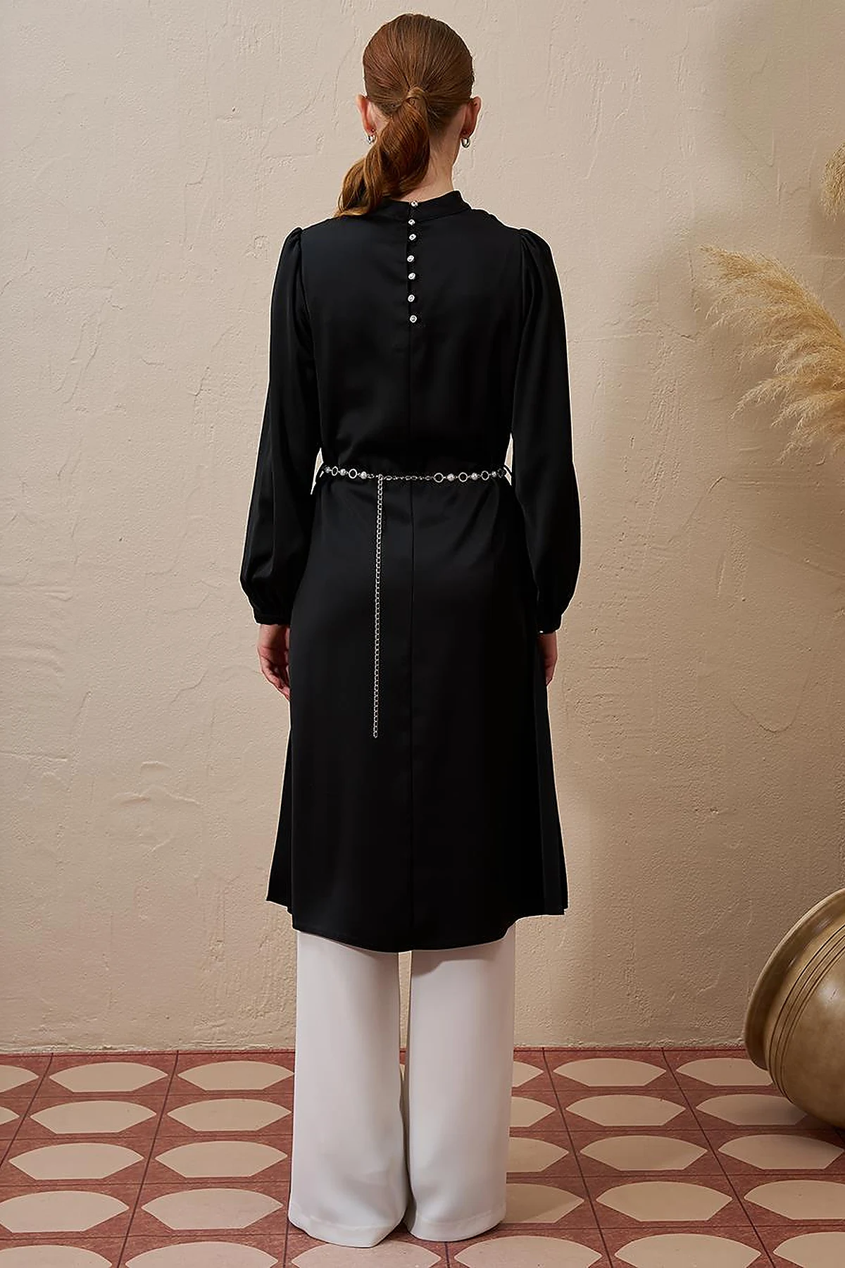 Satin Tunic with Chain Belt Detail Black
