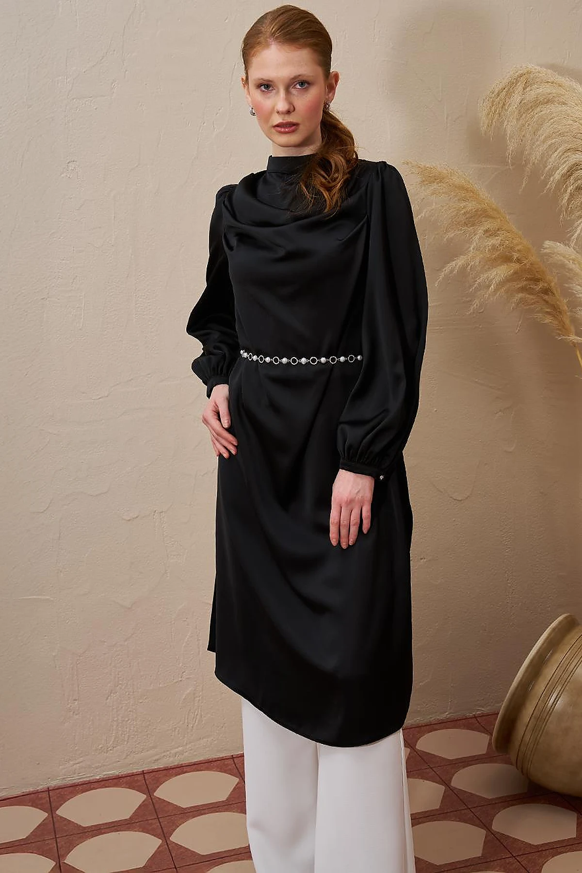Satin Tunic with Chain Belt Detail Black