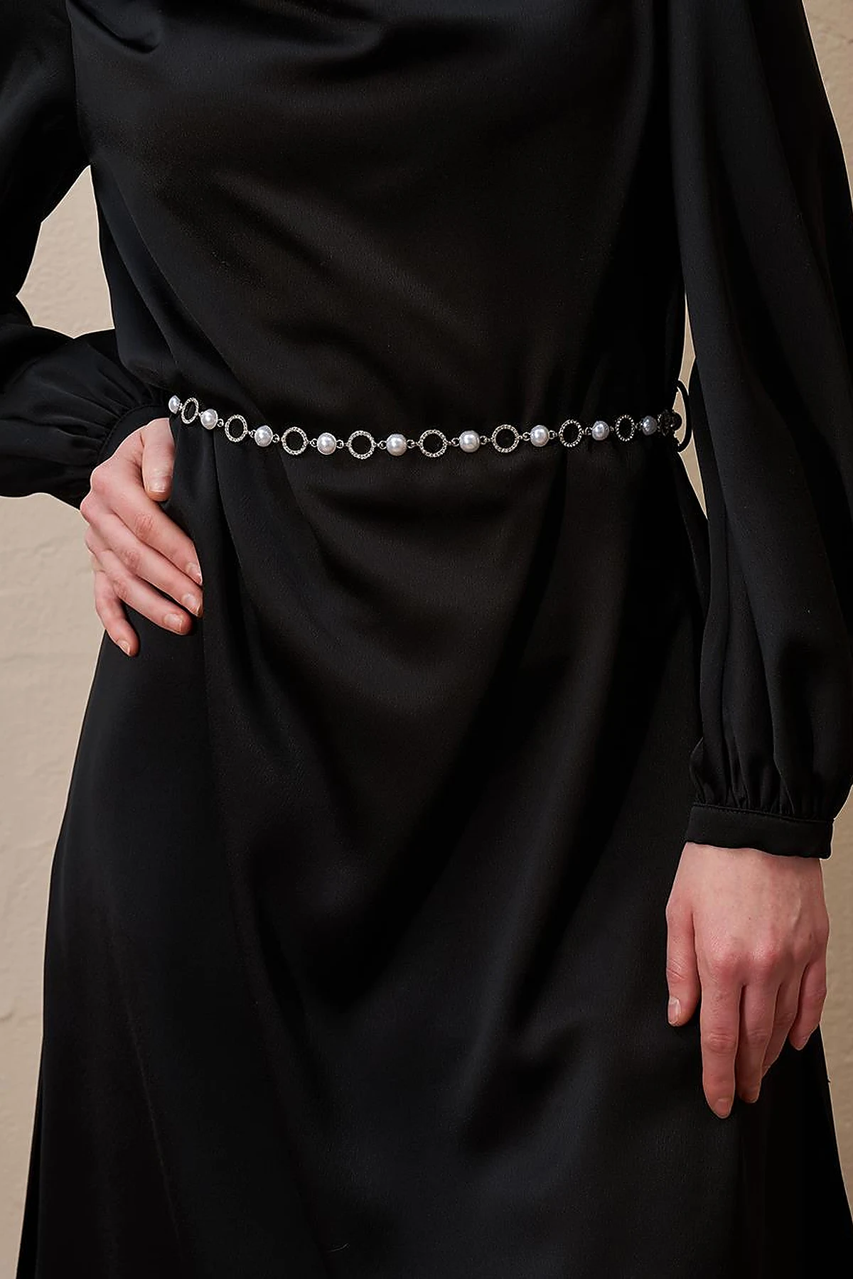 Satin Tunic with Chain Belt Detail Black