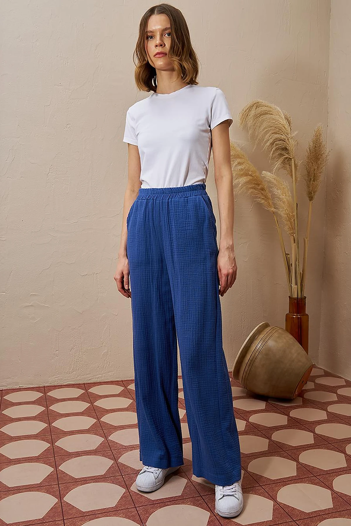 Elastic Waist Muslin Trousers Indigo