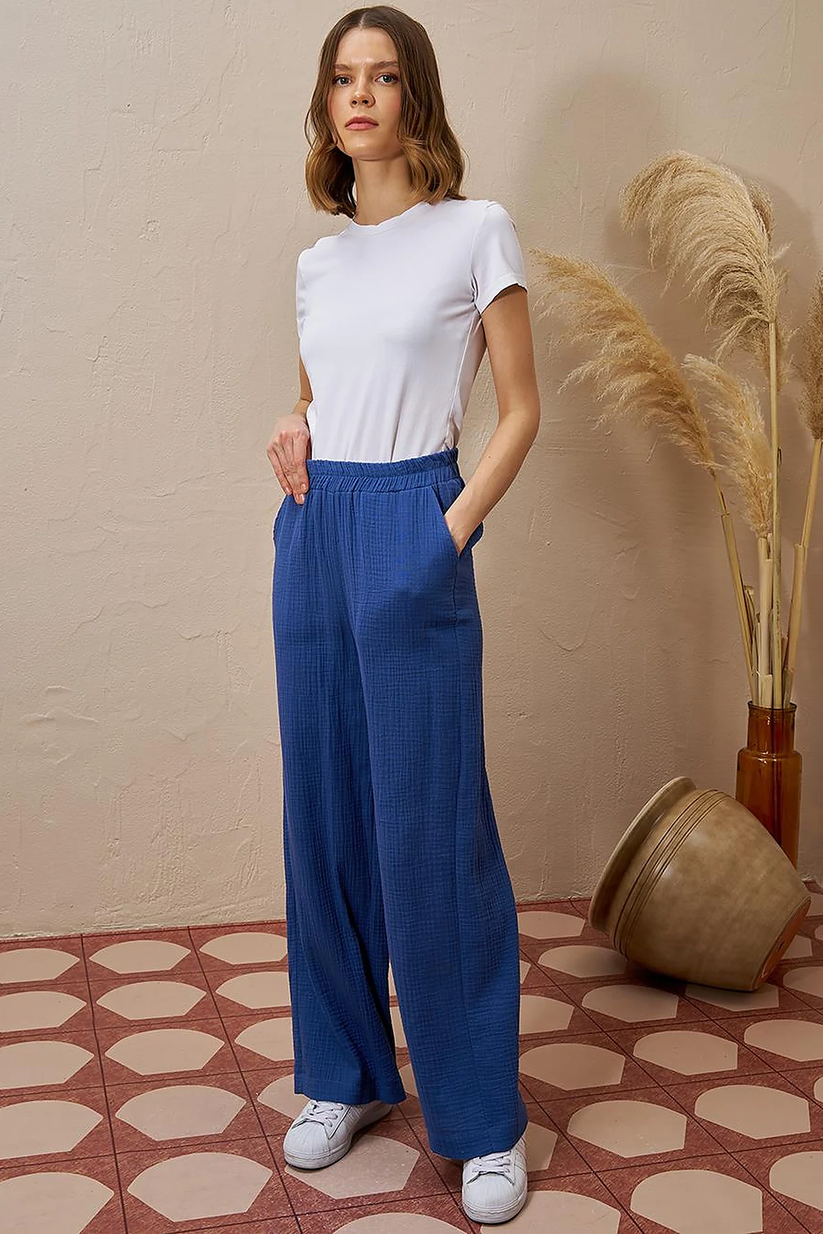 Elastic Waist Muslin Trousers Indigo