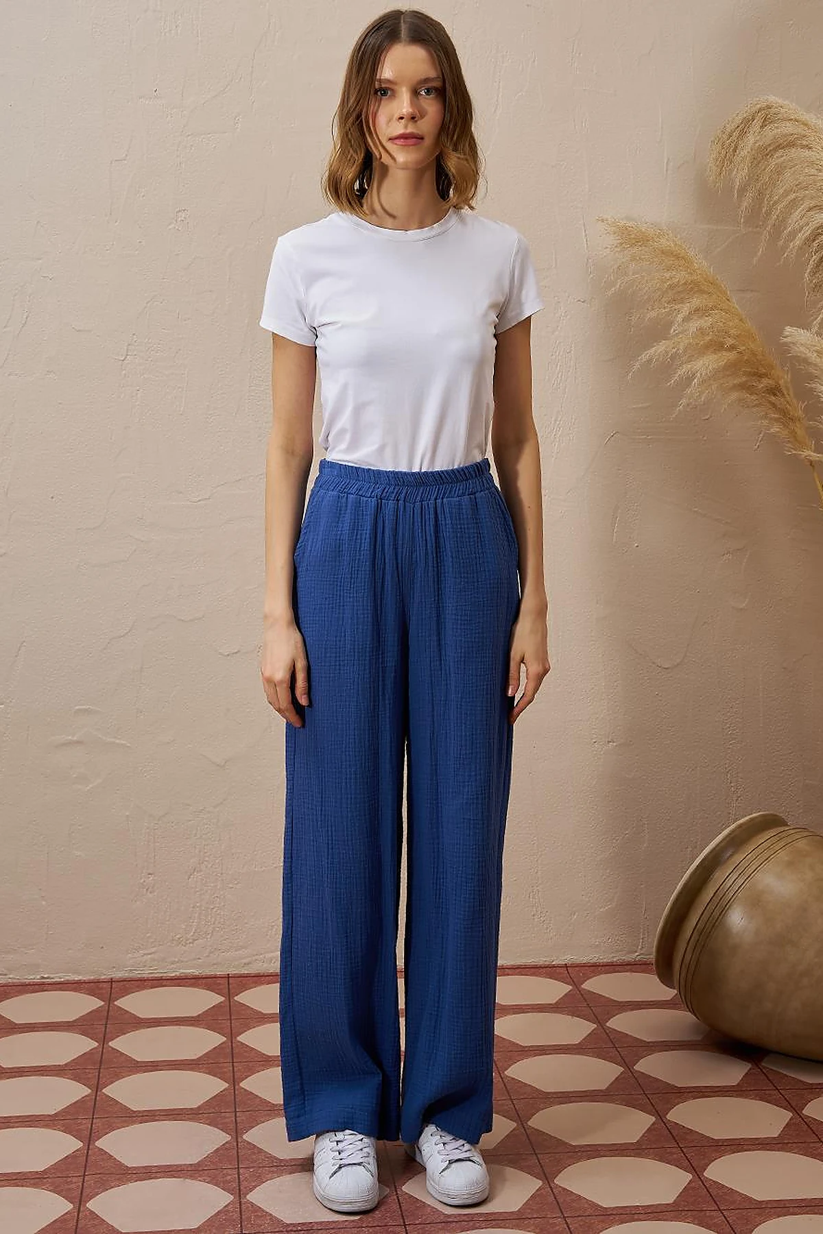 Elastic Waist Muslin Trousers Indigo