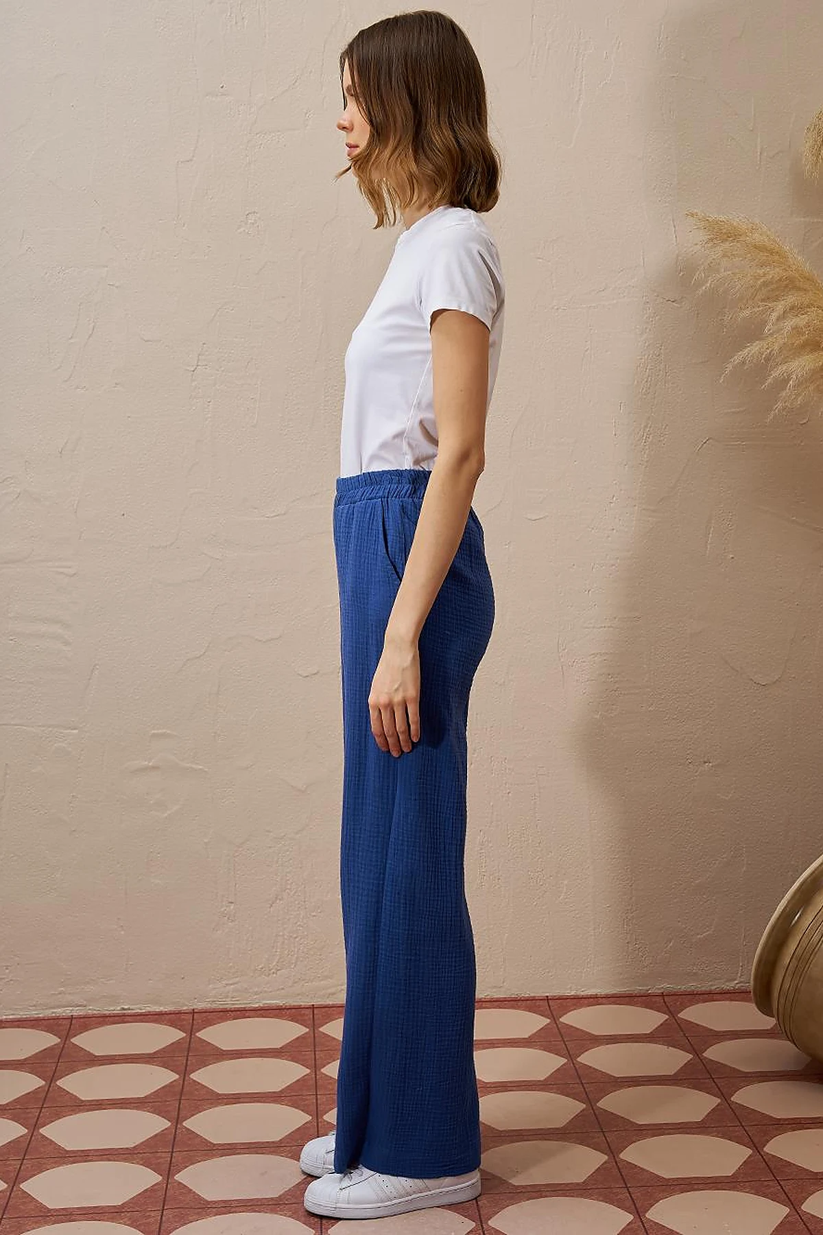Elastic Waist Muslin Trousers Indigo