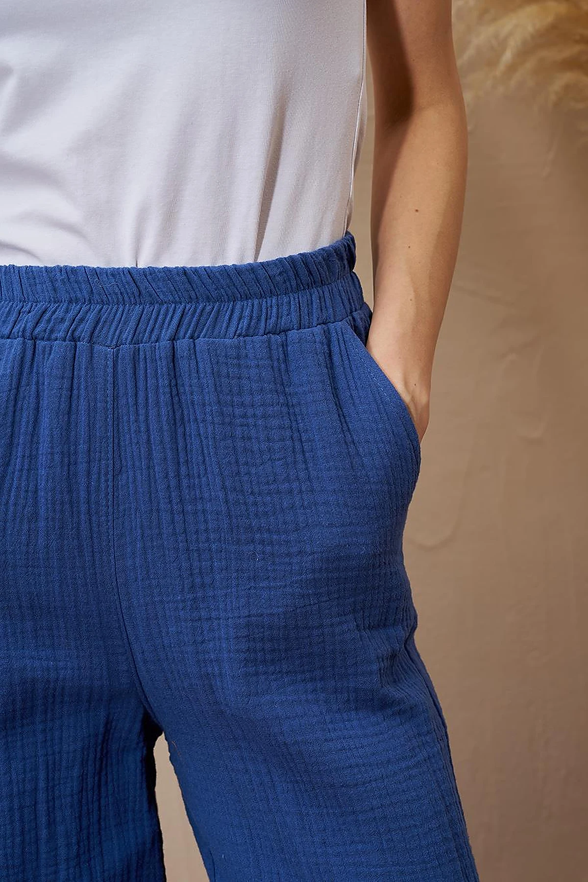 Elastic Waist Muslin Trousers Indigo