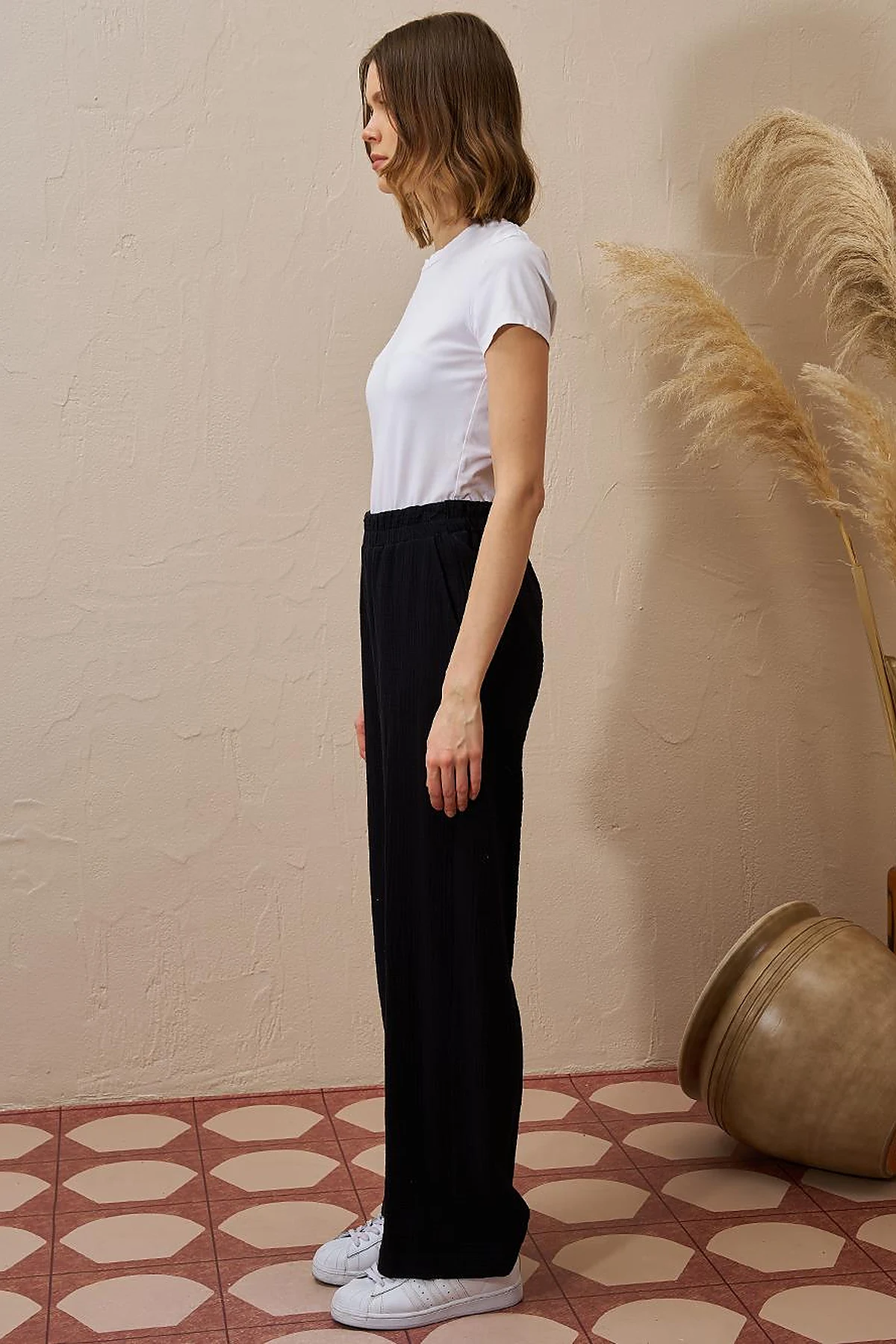 Elastic Waist Muslin Trousers Black