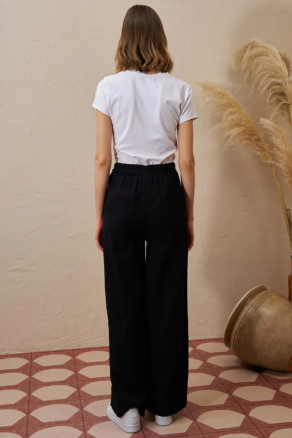 Elastic Waist Muslin Trousers Black