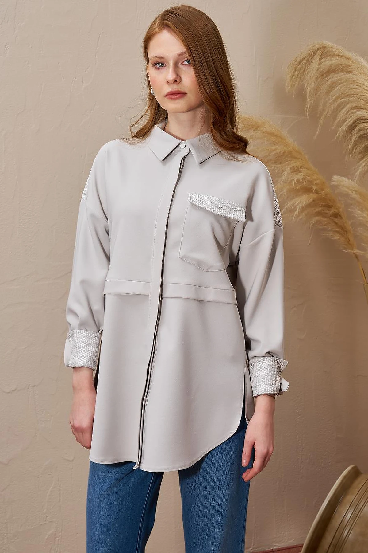 Mesh-Trimmed Wide Cuff Tunic Light Grey