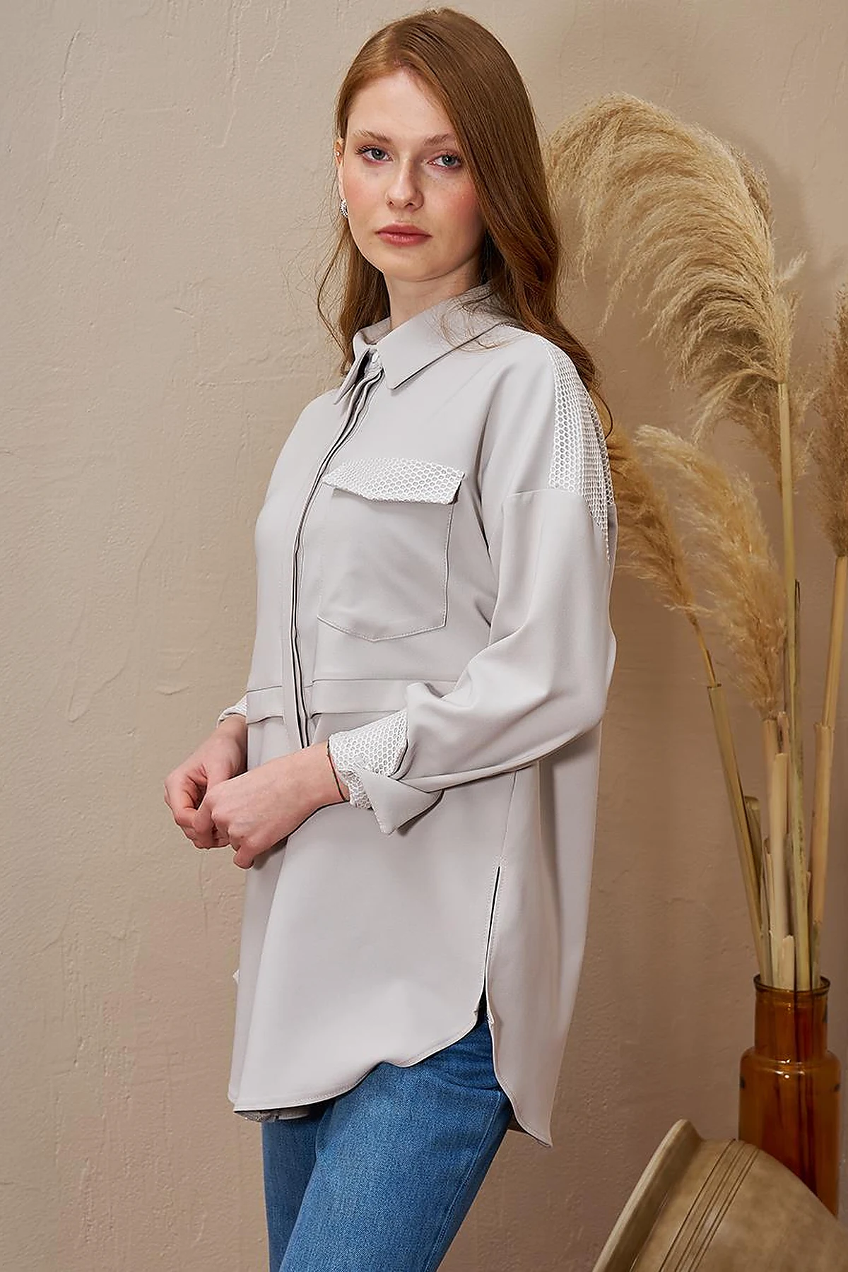 Mesh-Trimmed Wide Cuff Tunic Light Grey