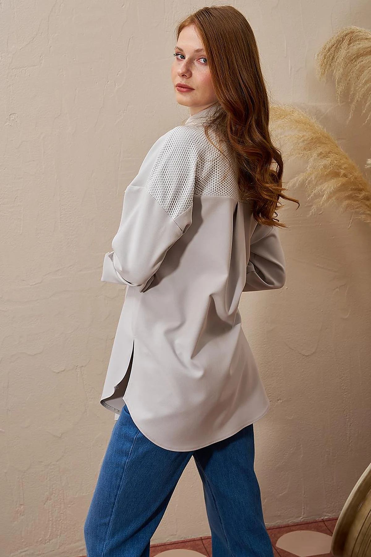 Mesh-Trimmed Wide Cuff Tunic Light Grey