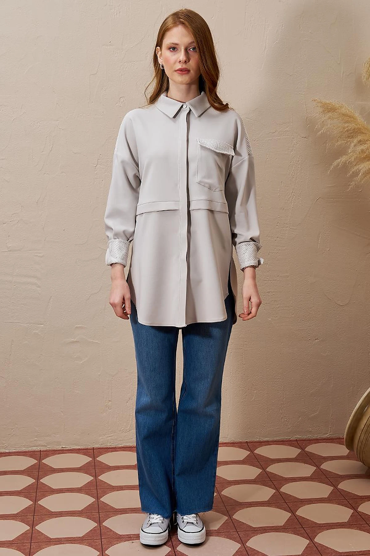 Mesh-Trimmed Wide Cuff Tunic Light Grey