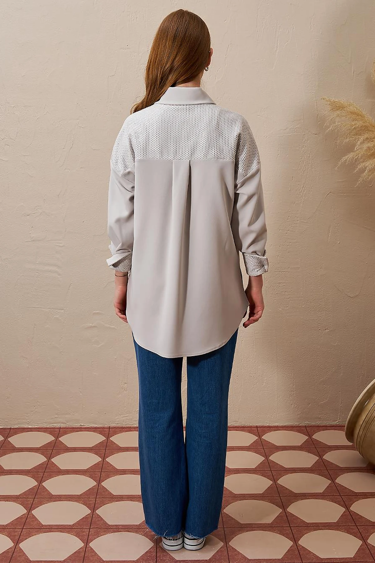 Mesh-Trimmed Wide Cuff Tunic Light Grey